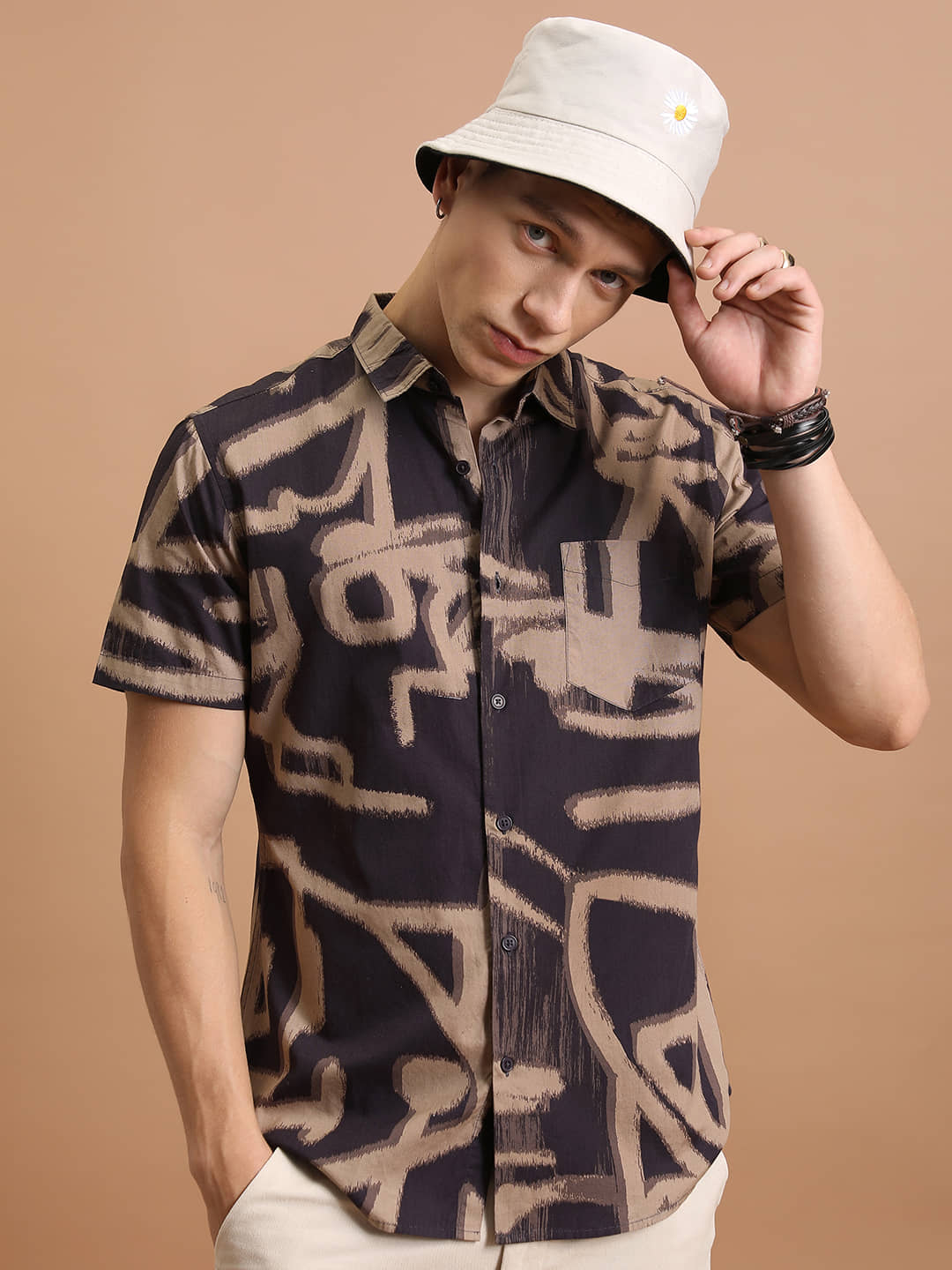 Highlander 100% Cotton Slim Fit Printed Half Sleeves Men's Casual Shirt - Khaki ( Pack of 1 )