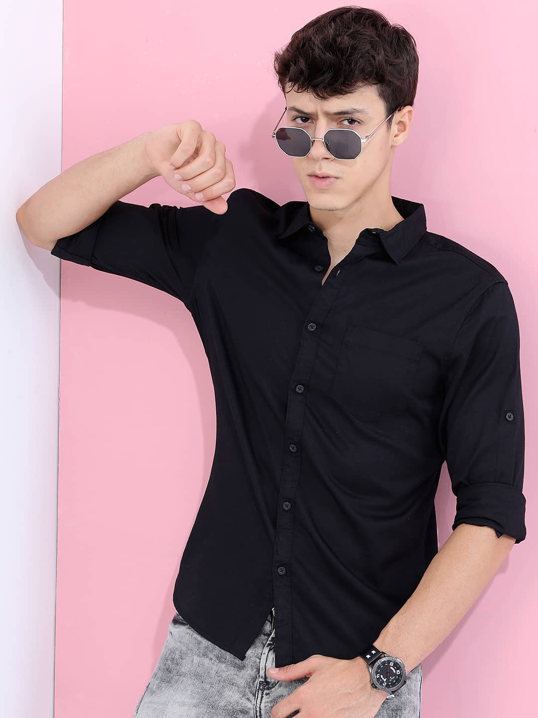 Highlander 100% Cotton Slim Fit Solids Full Sleeves Men's Casual Shirt - Black ( Pack of 1 )