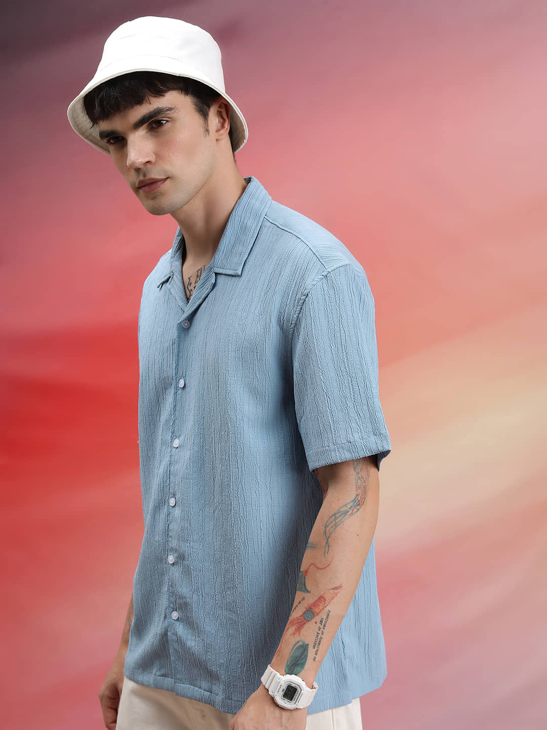 Highlander Cotton Blend Boxy Solids Half Sleeves Cuban Collar Men's Casual Shirt (Light Blue)
