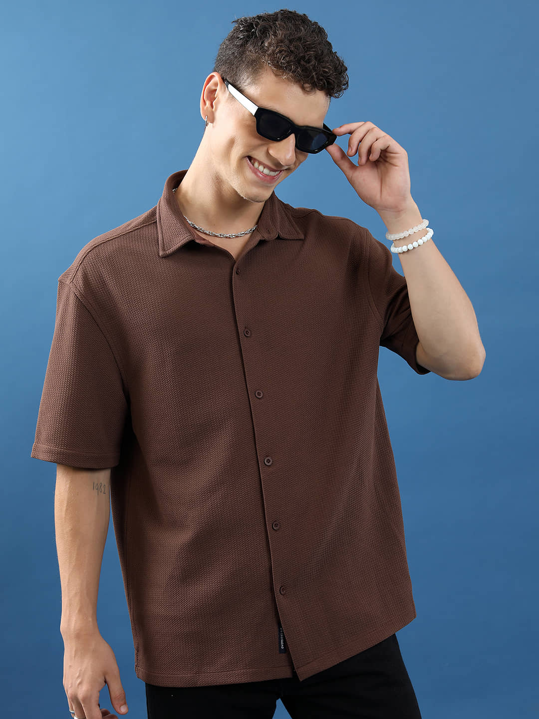 Highlander Cotton Blend Oversized Fit Self Design Half Sleeves Men's Casual Shirt - Brown ( Pack of 1 )