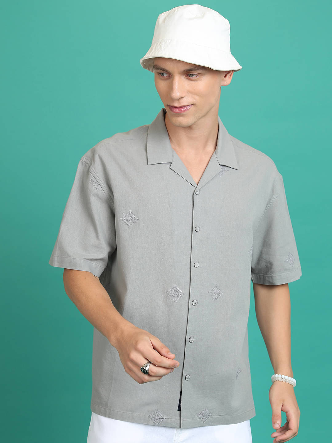 Highlander Cotton Blend Oversized Fit Embroidered Half Sleeves Men's Casual Shirt - Grey ( Pack of 1 )     			Highlander Cotton Blend Oversized Fit Embroidered Half Sleeves Men's Casual Shirt - Grey ( Pack of 1 )
