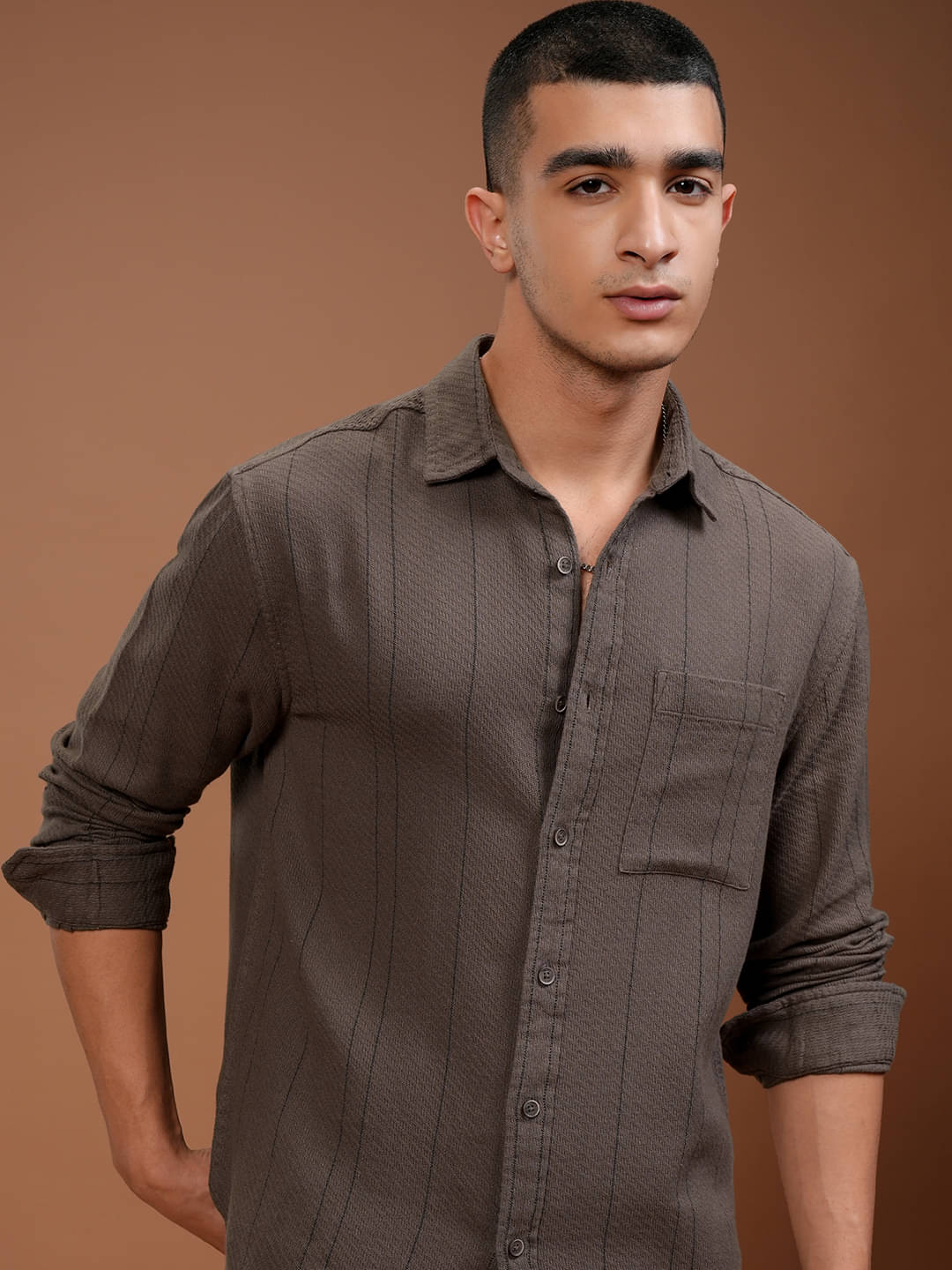 Highlander Cotton Blend Relaxed Fit Striped Full Sleeves Men's Casual Shirt - Brown ( Pack of 1 ) Highlander Cotton Blend Relaxed Fit Striped Full Sleeves Men's Casual Shirt - Brown ( Pack of 1 )