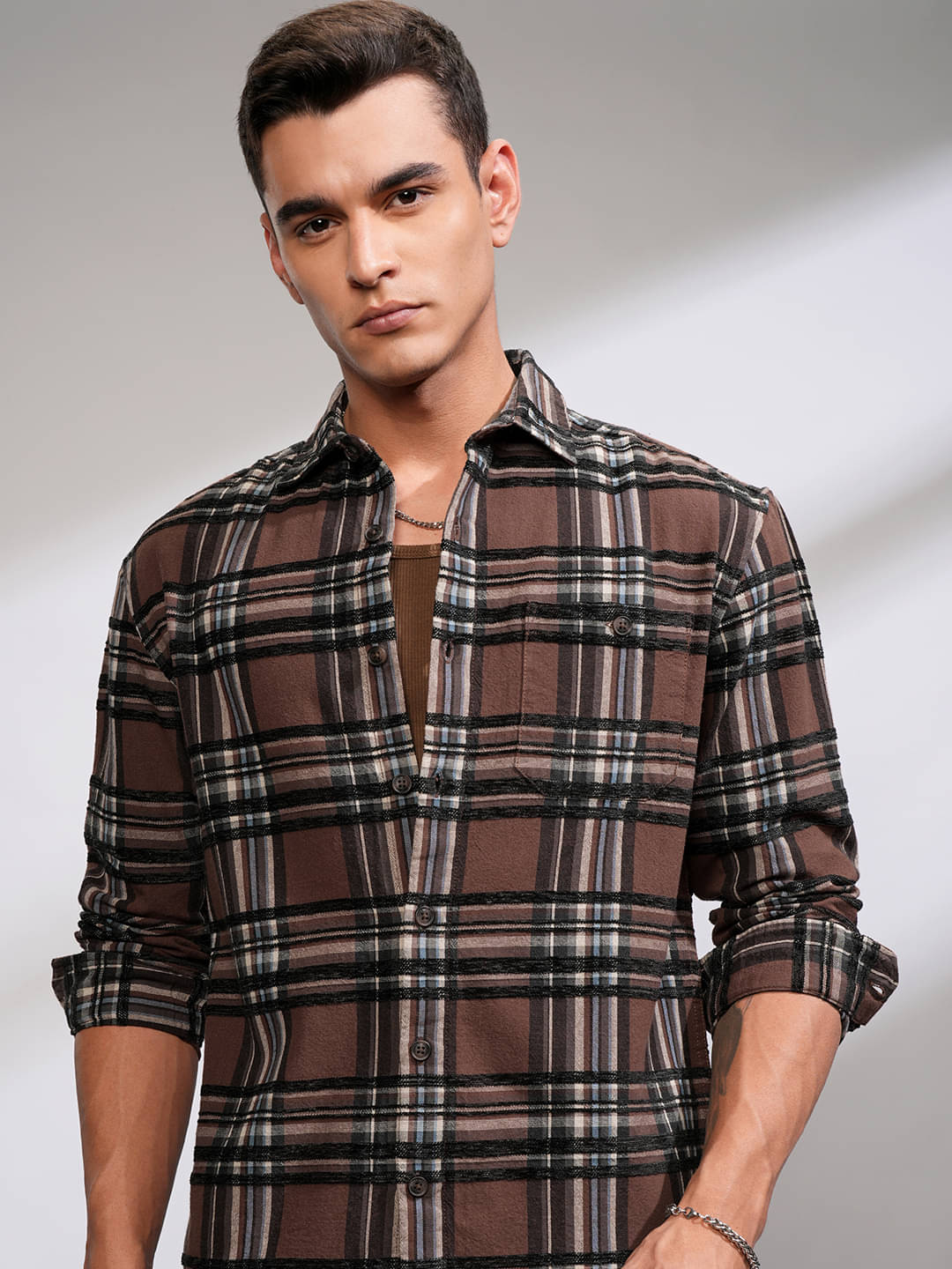     			Highlander Cotton Blend Relaxed Fit Checks Full Sleeves Men's Casual Shirt - Rust ( Pack of 1 )