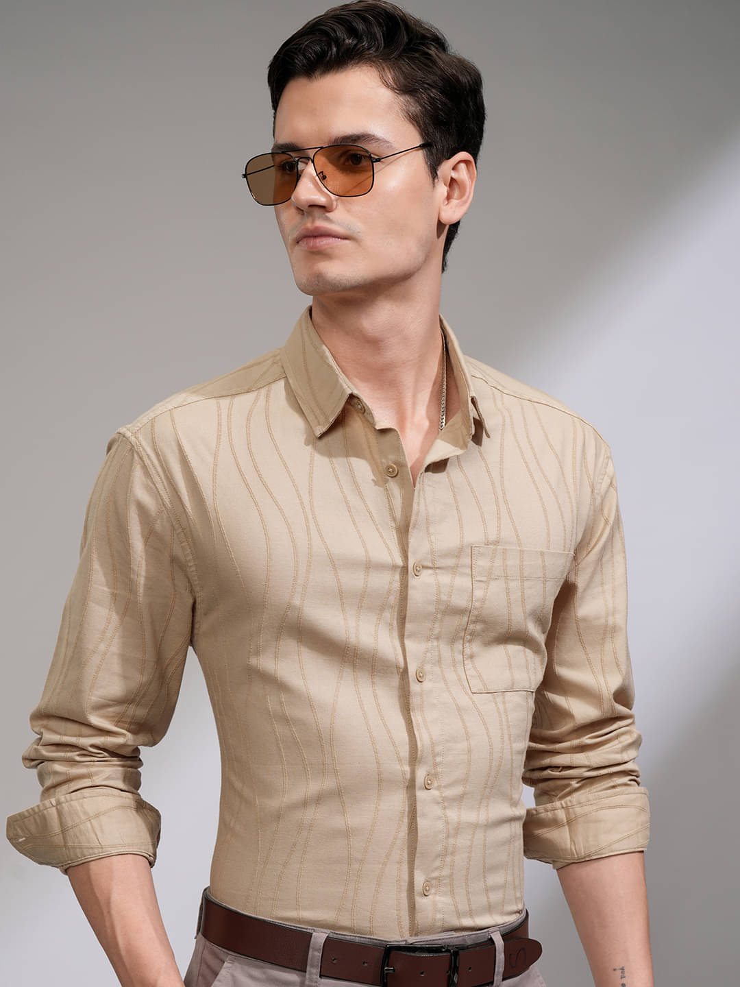     			Highlander Cotton Blend Relaxed Fit Solids Full Sleeves Men's Casual Shirt - Beige ( Pack of 1 )