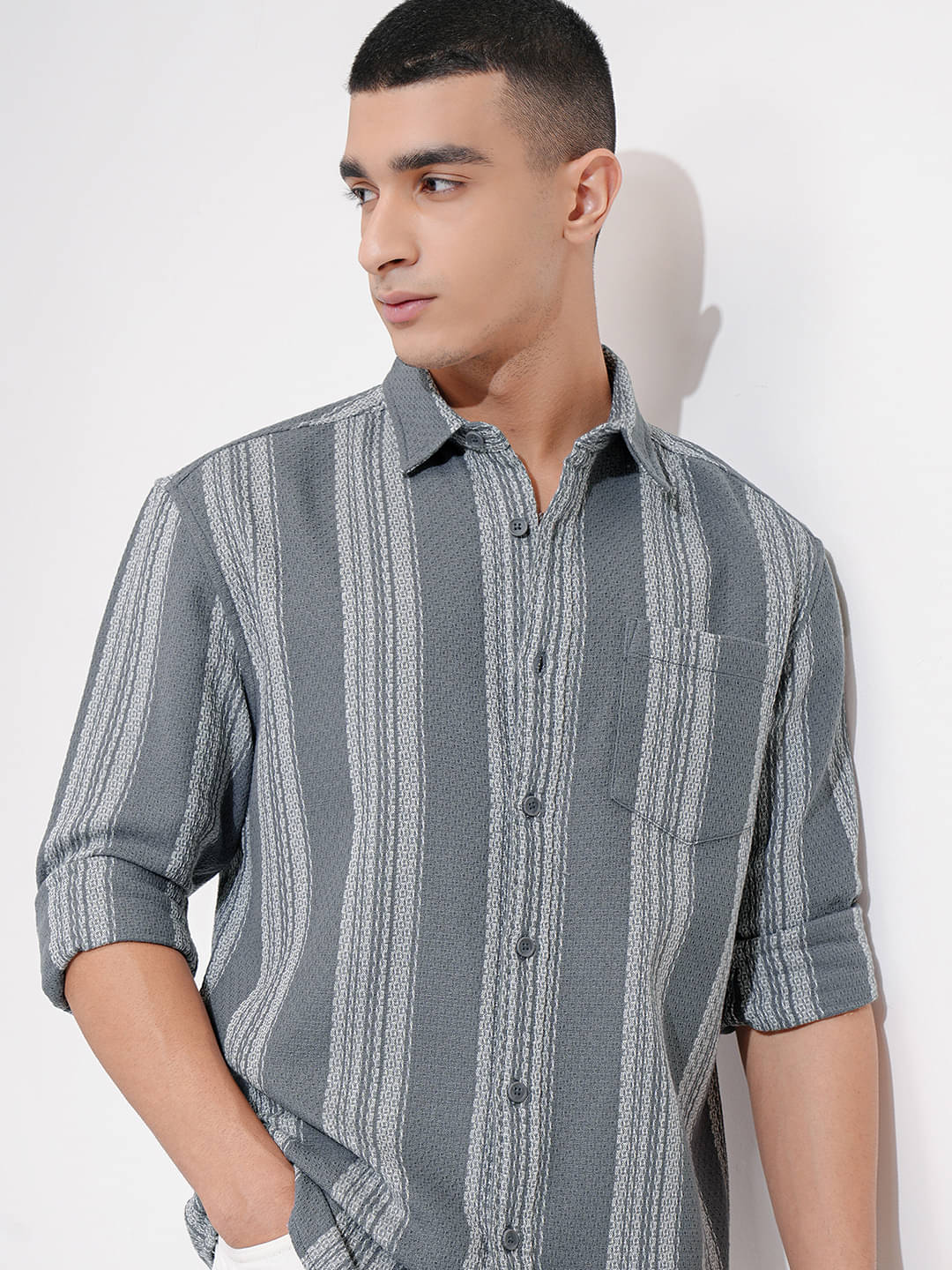 Highlander Cotton Blend Relaxed Fit Striped Full Sleeves Men's Casual Shirt - Grey ( Pack of 1 ) Highlander Cotton Blend Relaxed Fit Striped Full Sleeves Men's Casual Shirt - Grey ( Pack of 1 )
