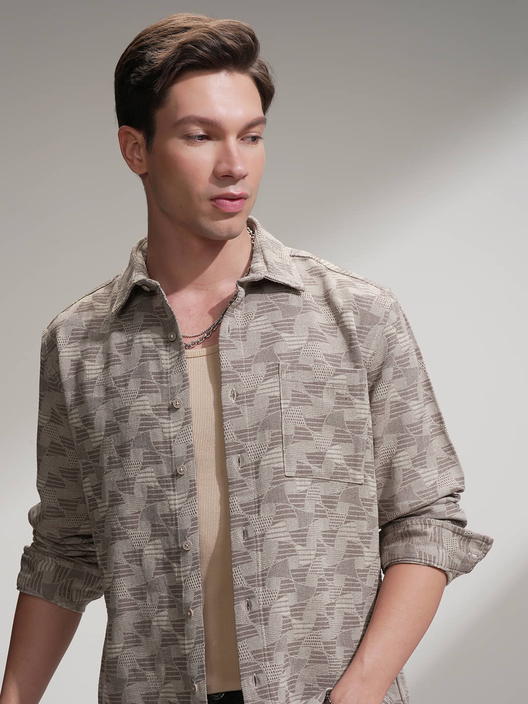 Highlander Cotton Blend Relaxed Fit Printed Full Sleeves Men's Casual Shirt - Beige ( Pack of 1 )