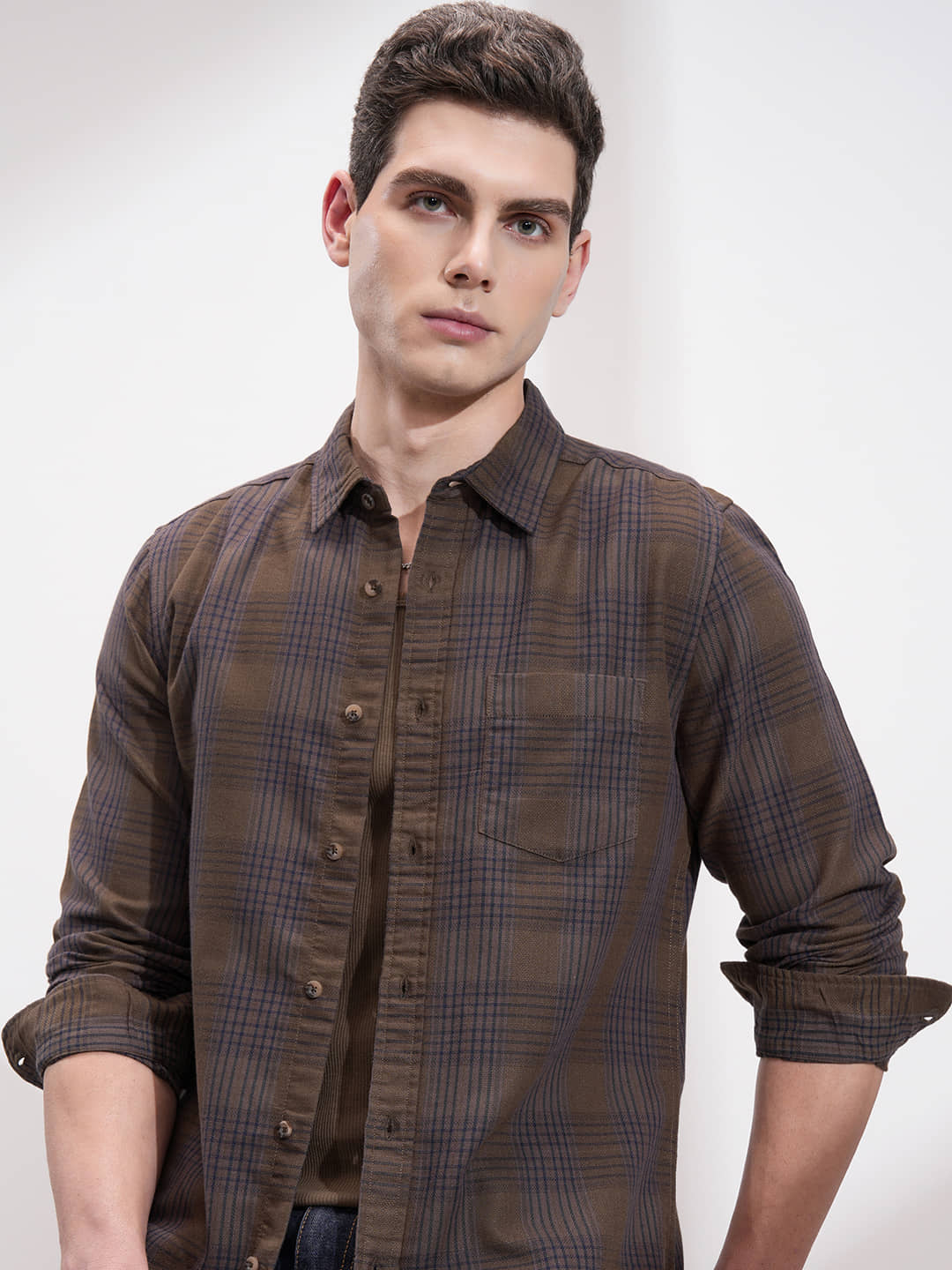 Highlander Cotton Blend Slim Fit Checks Full Sleeves Men's Casual Shirt - Khaki ( Pack of 1 )