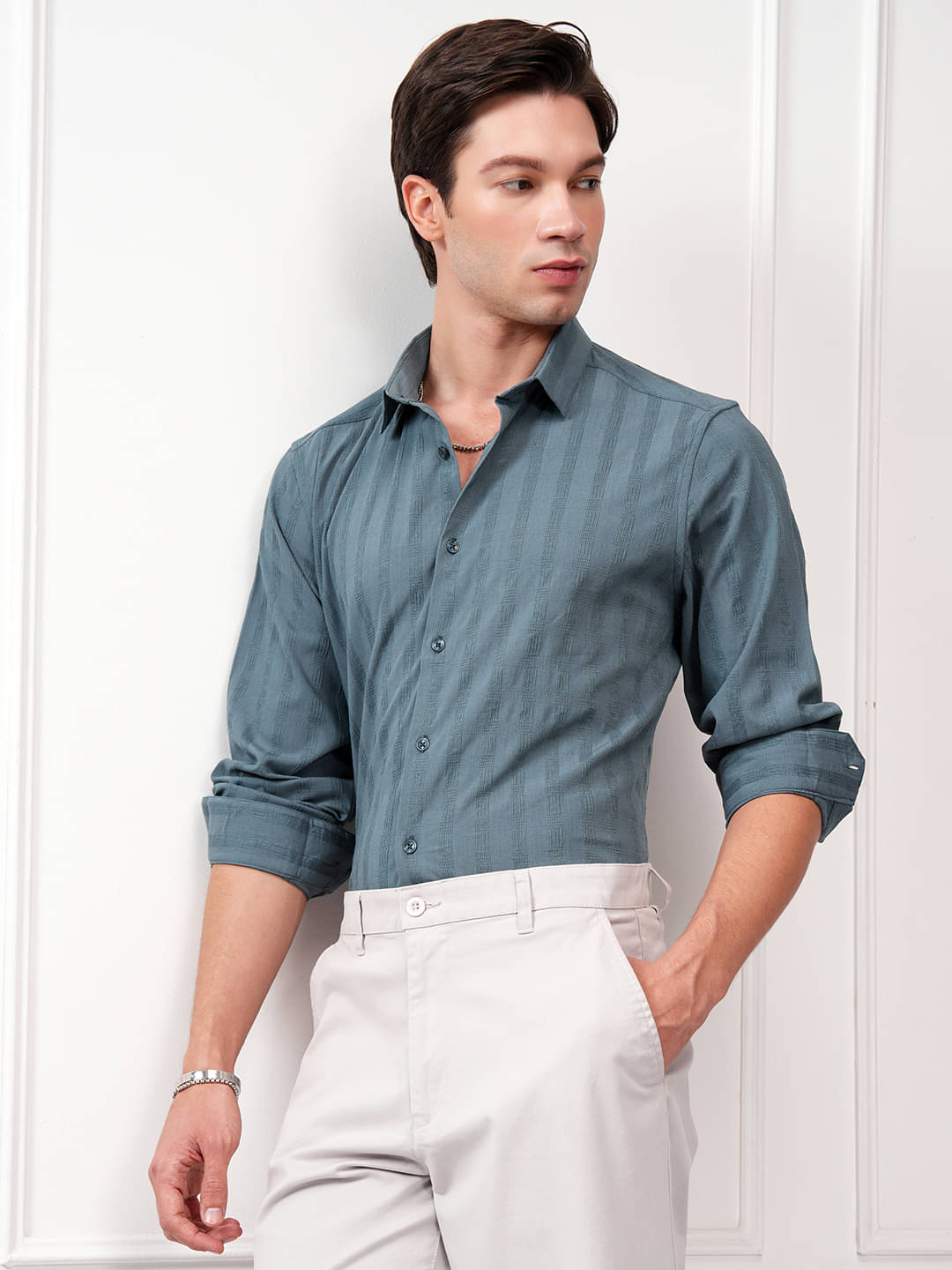 Highlander Poly Cotton Slim Fit Striped Full Sleeves Men's Casual Shirt - Teal ( Pack of 1 ) Highlander Poly Cotton Slim Fit Striped Full Sleeves Men's Casual Shirt - Teal ( Pack of 1 )
