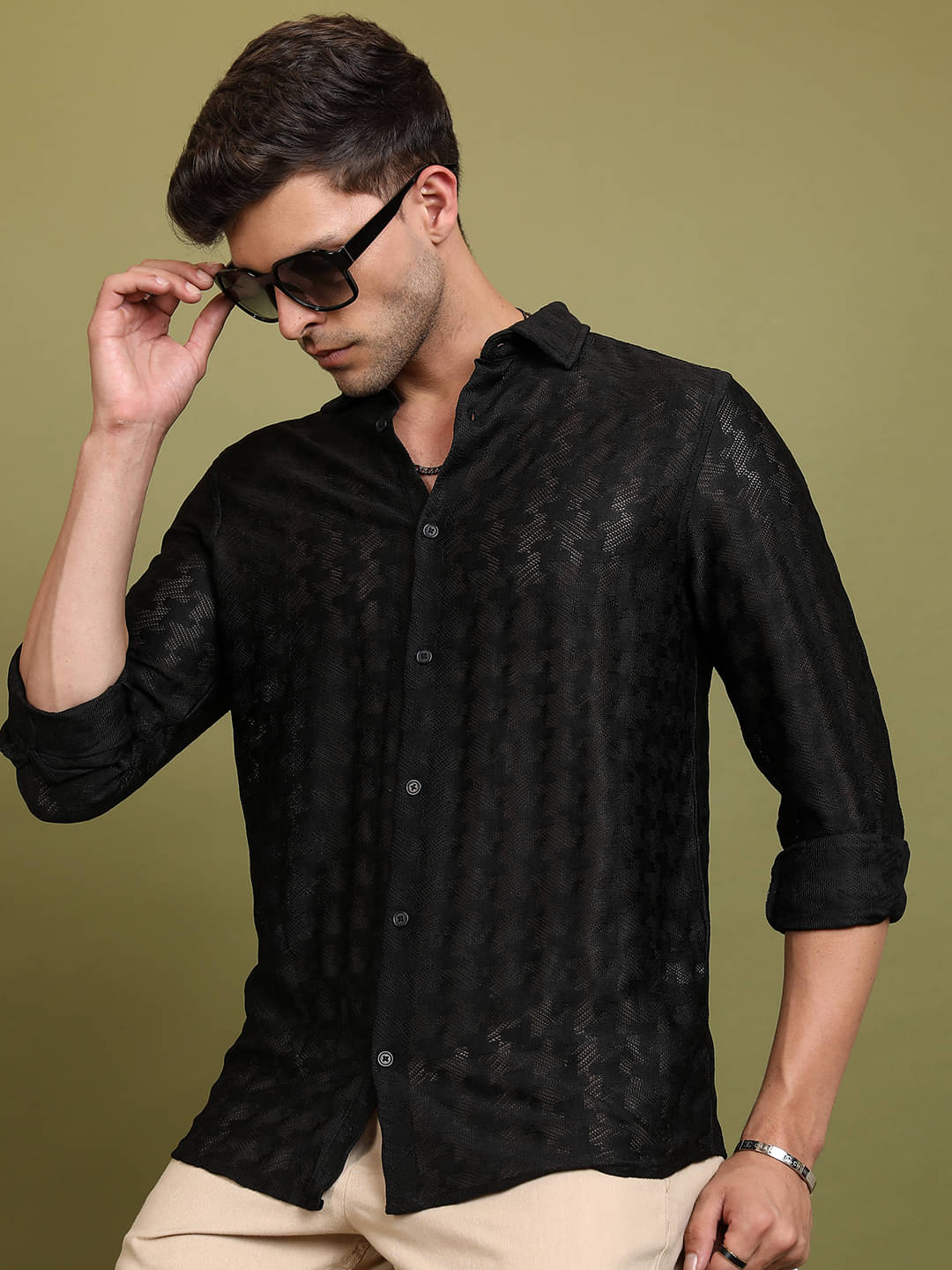    			Highlander Polyester Regular Fit Self Design Full Sleeves Men's Casual Shirt - Black ( Pack of 1 )