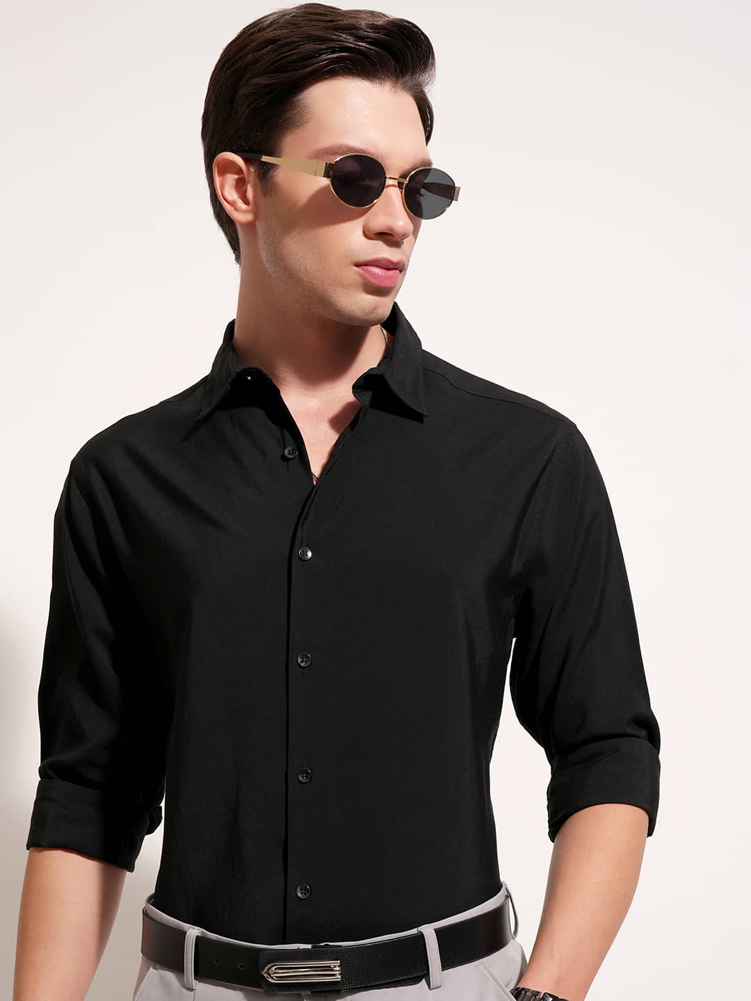 Highlander Rayon Flex Slim Fit Self Design Full Sleeves Men's Casual Shirt - Black ( Pack of 1 )