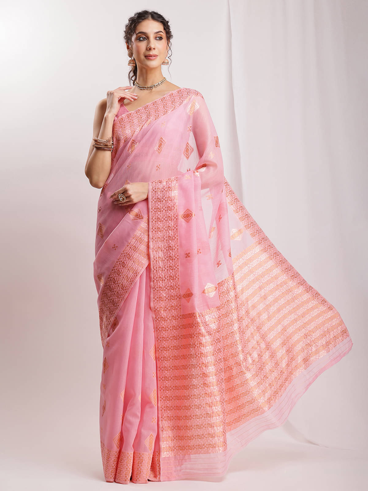     			Janasya Linen Woven Banarasi saree With Unstitched Blouse Piece ( Pink )