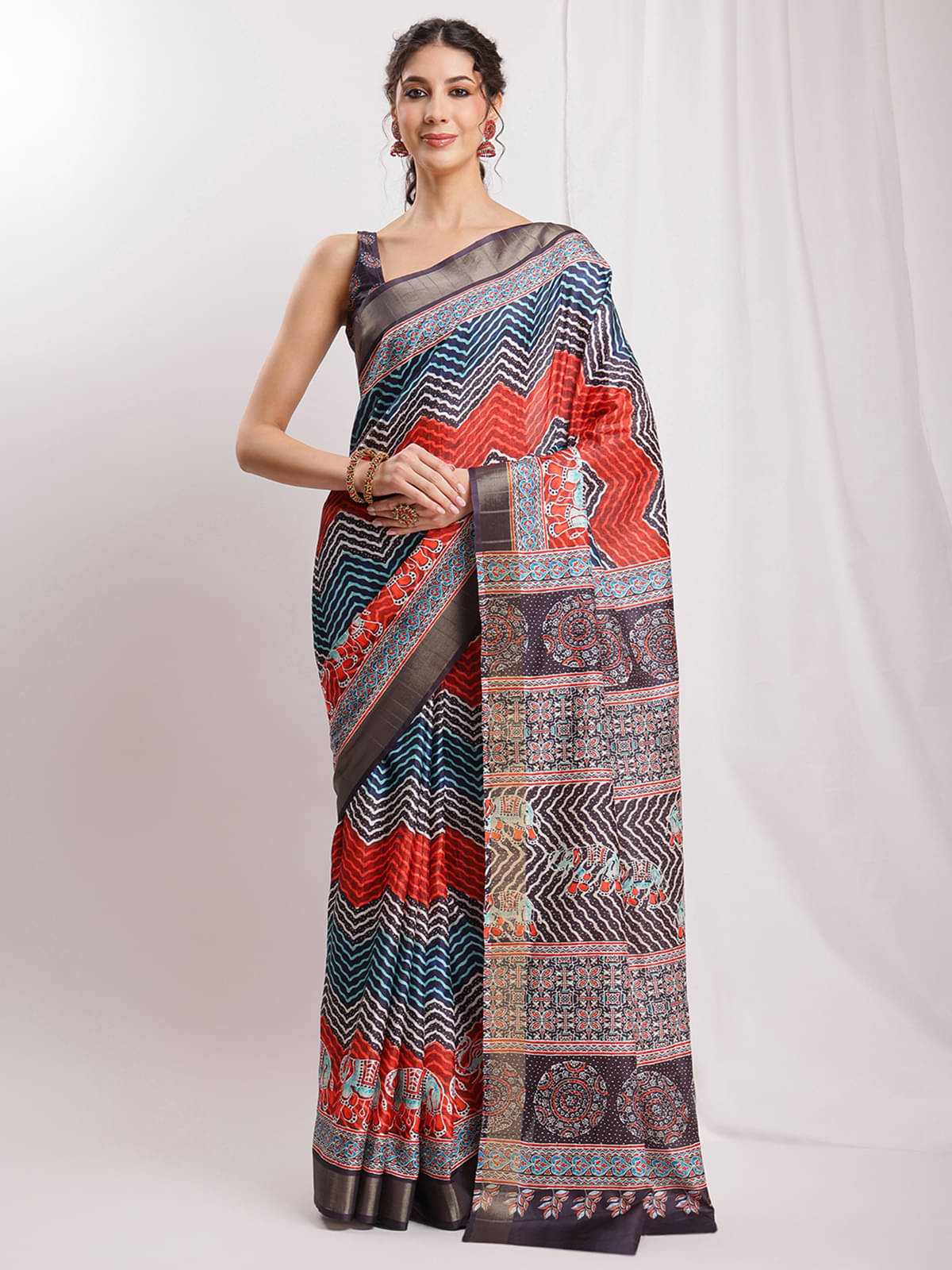 Janasya Silk Blend Printed Saree With Unstitched Blouse Piece ( Multicolor ) Janasya Silk Blend Printed Saree With Unstitched Blouse Piece ( Multicolor )