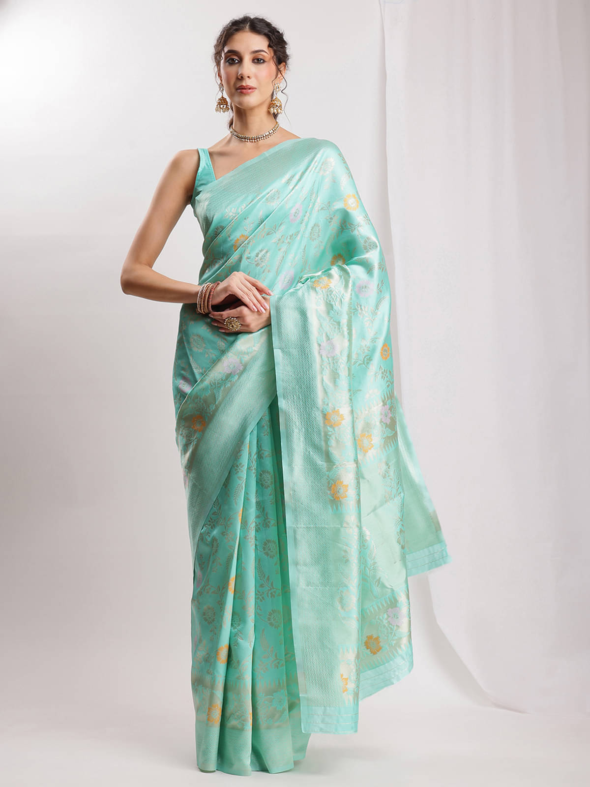     			Janasya Silk Blend Woven Banarasi saree With Unstitched Blouse Piece ( Sea Green )