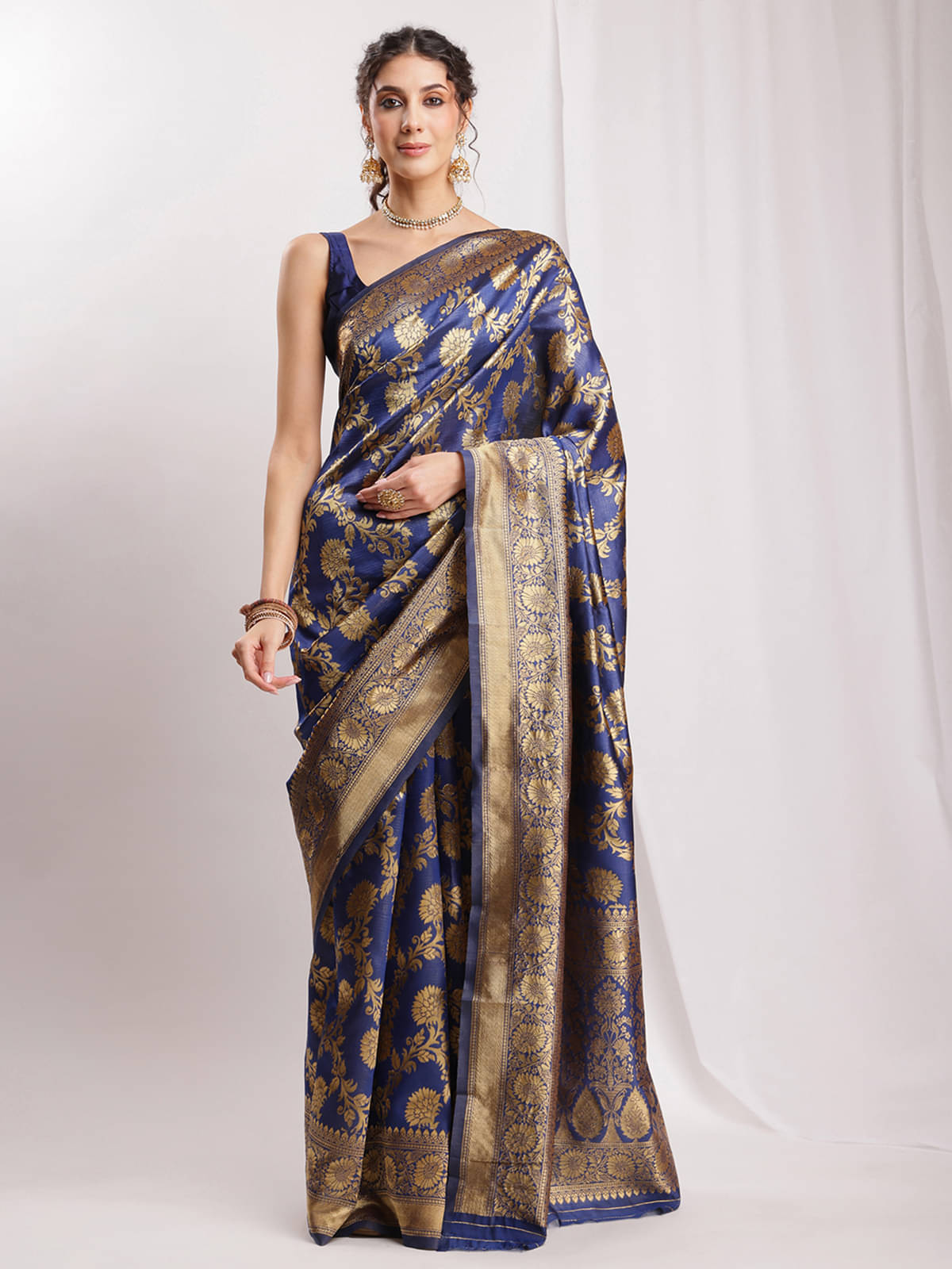 Janasya Silk Blend Woven Banarasi saree With Unstitched Blouse Piece ( Navy Blue )     			Janasya Silk Blend Woven Banarasi saree With Unstitched Blouse Piece ( Navy Blue )
