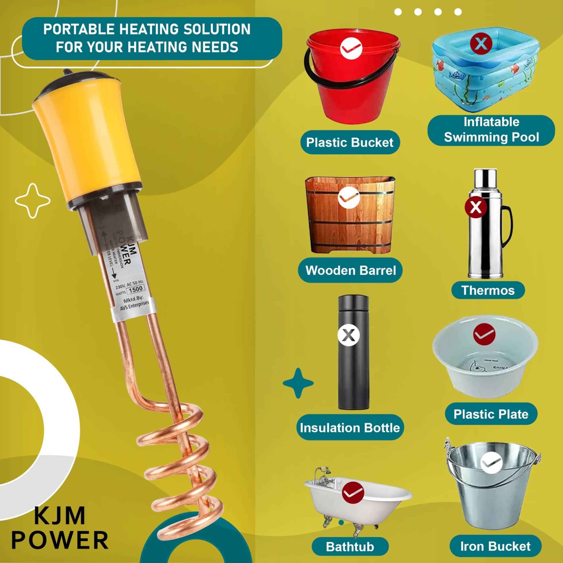     			KJM POWER Yellow 2000W Copper Immersion Rod