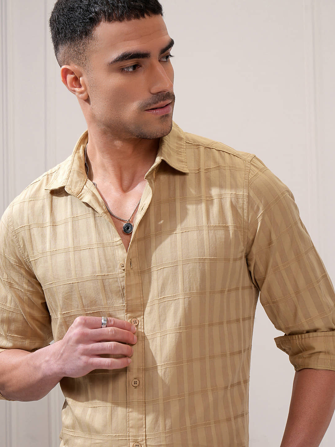 Locomotive 100% Cotton Regular Fit Self Design Full Sleeves Men's Casual Shirt - Khaki ( Pack of 1 )