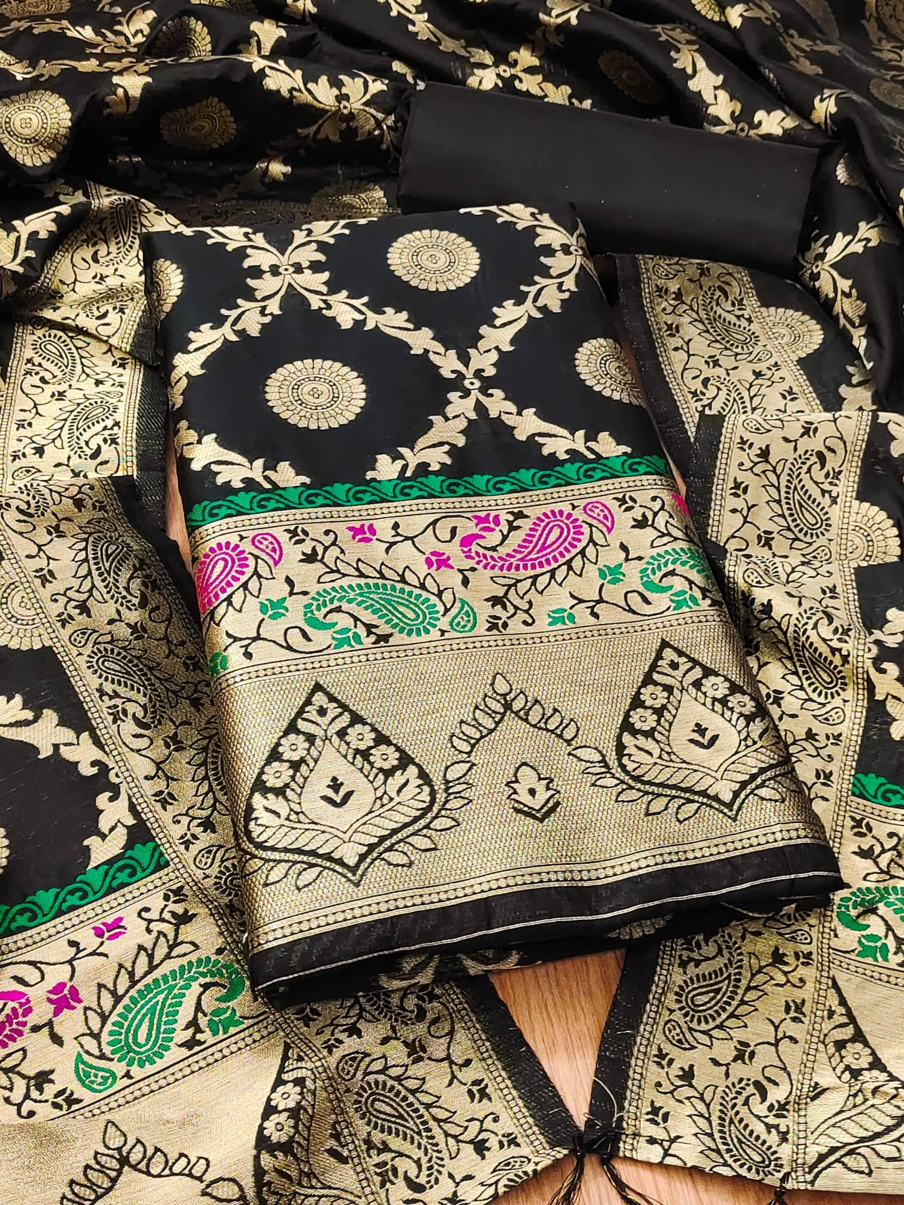 Rangtulika Ethnics Women Banarasi Unstitched Dress Material ( Black ) Rangtulika Ethnics Women Banarasi Unstitched Dress Material ( Black )