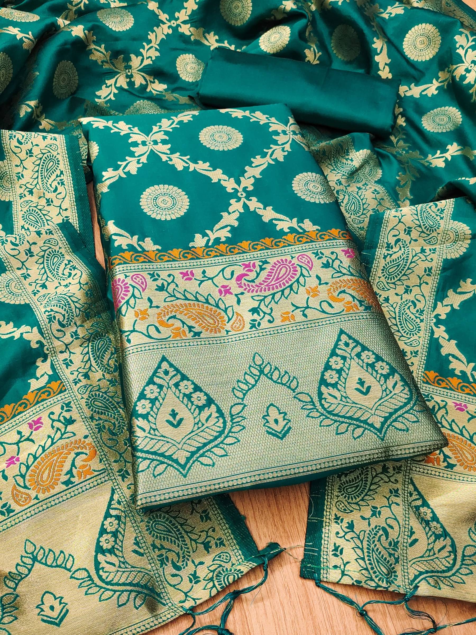 Rangtulika Ethnics Women Banarasi Unstitched Dress Material ( Teal ) Rangtulika Ethnics Women Banarasi Unstitched Dress Material ( Teal )