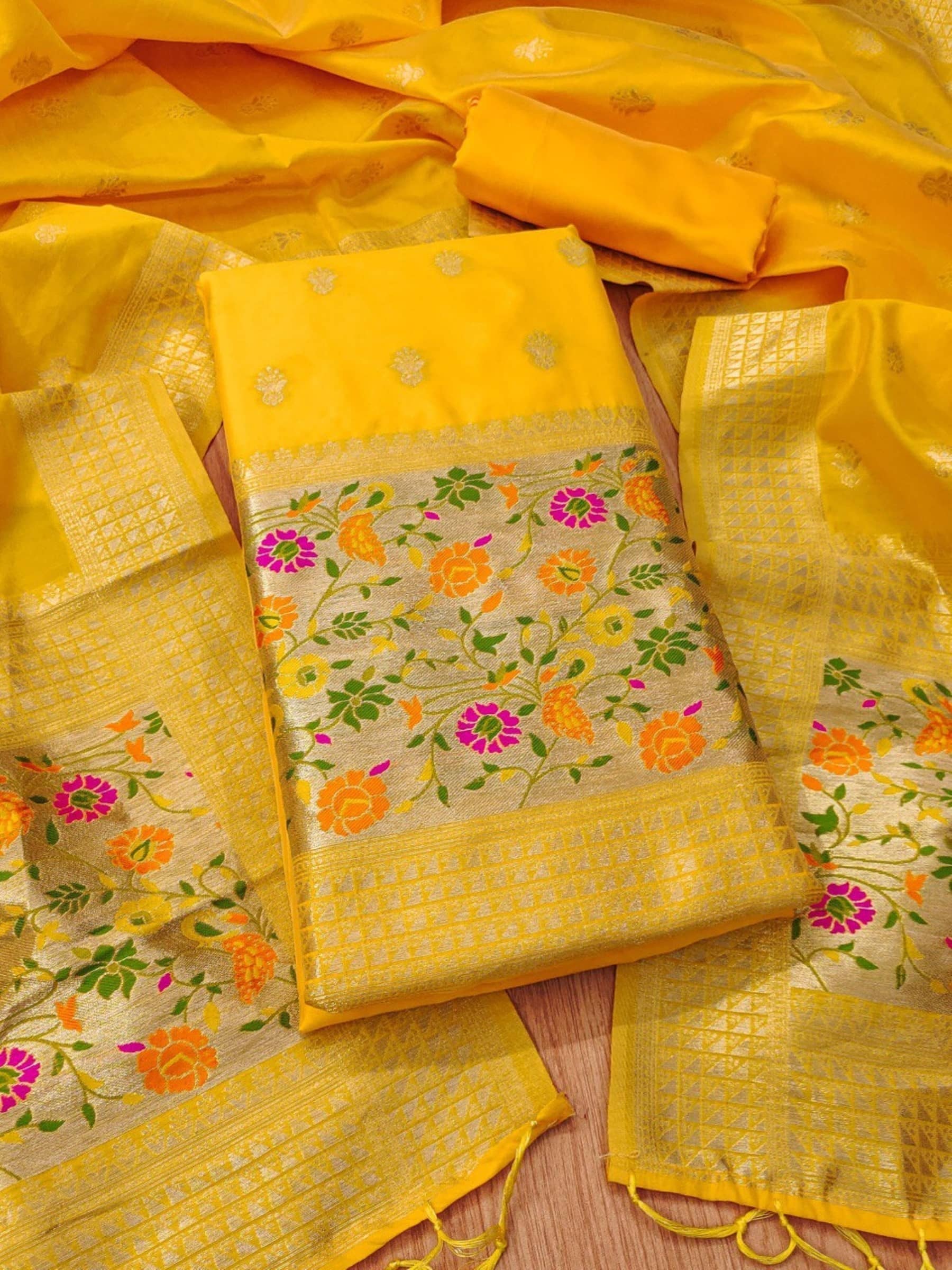 Rangtulika Ethnics Women Banarasi Unstitched Dress Material ( Yellow ) - Unstitched Fabrics | Buy online on ZillyBuy