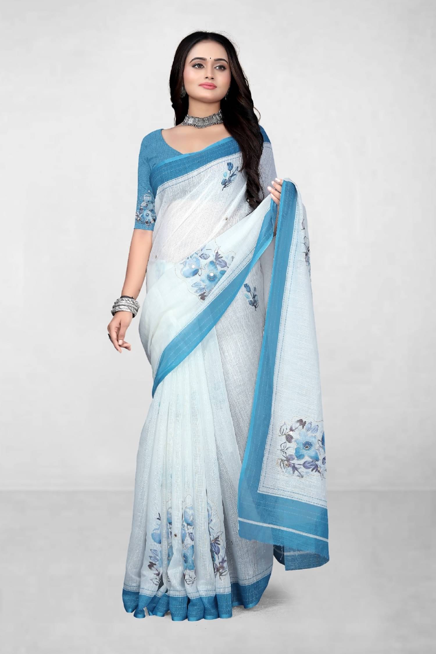     			Sundhaji Trends Linen Printed Saree With Unstitched Blouse Piece ( Light Blue )