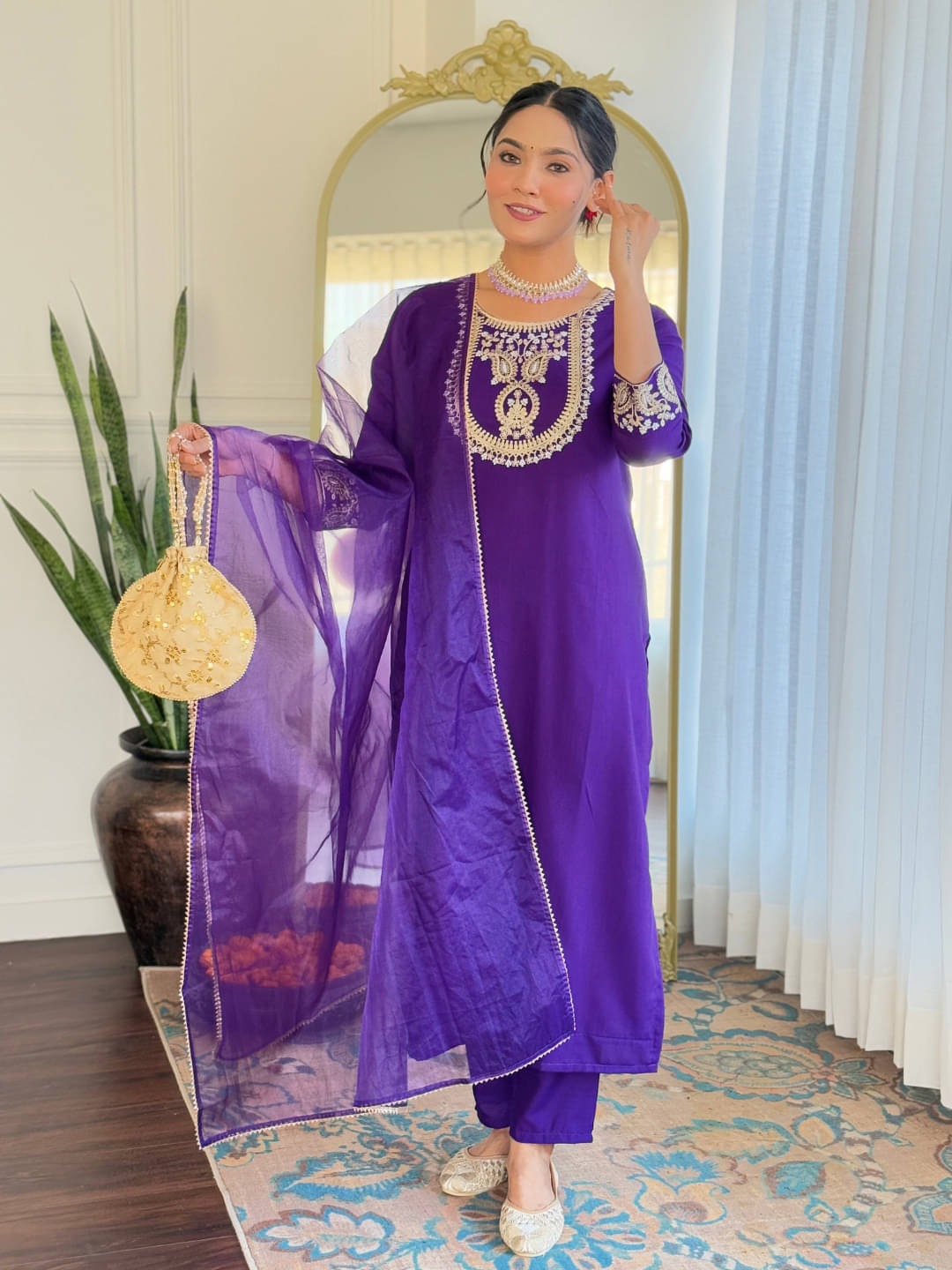 THE52 Women Rayon Embroidered Straight Kurti With Pants ( Violet )     			THE52 Women Rayon Embroidered Straight Kurti With Pants ( Violet )