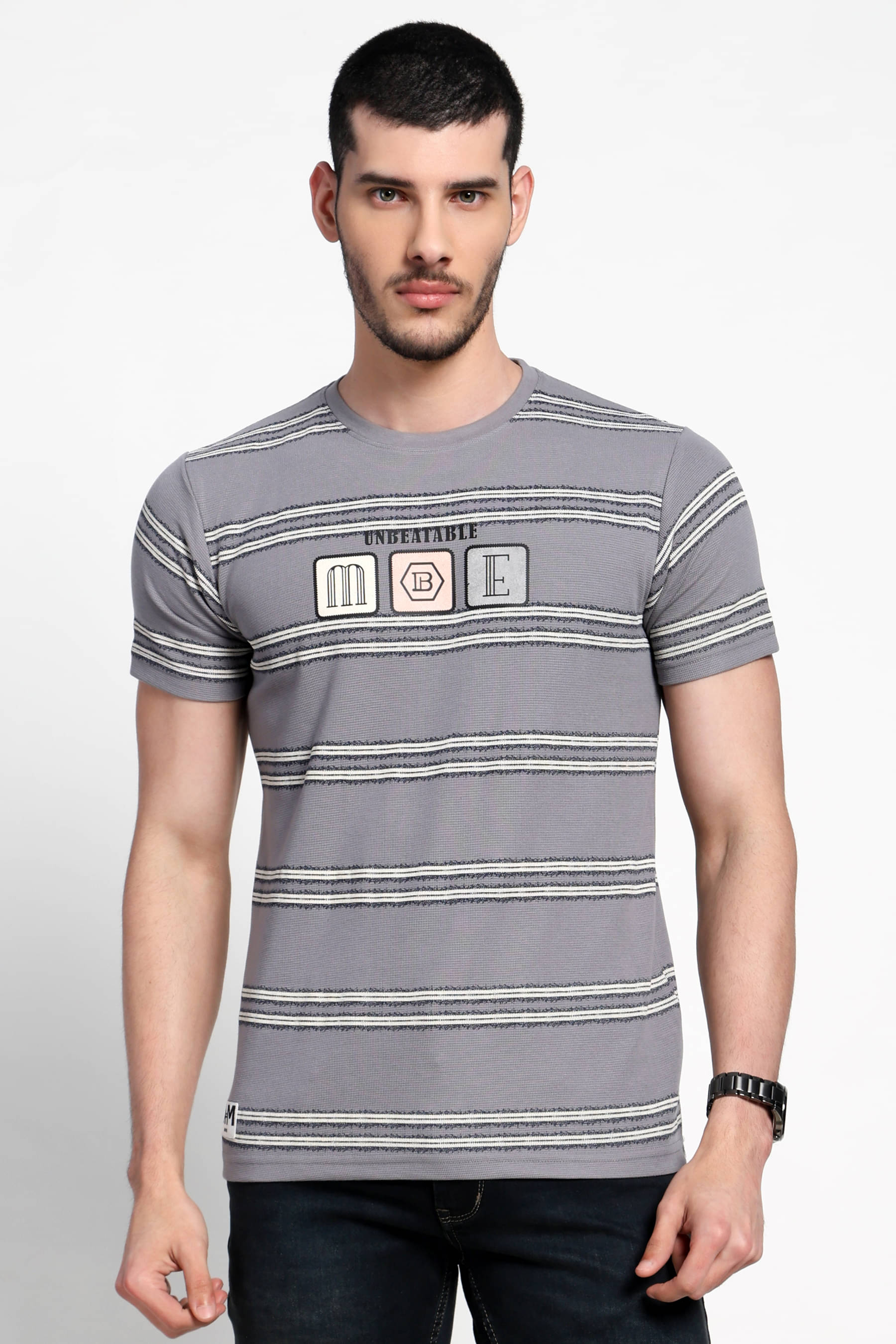 AURAMIND Men Cotton Regular Fit Striped T-Shirt ( Grey )     			AURAMIND Men Cotton Regular Fit Striped T-Shirt ( Grey )