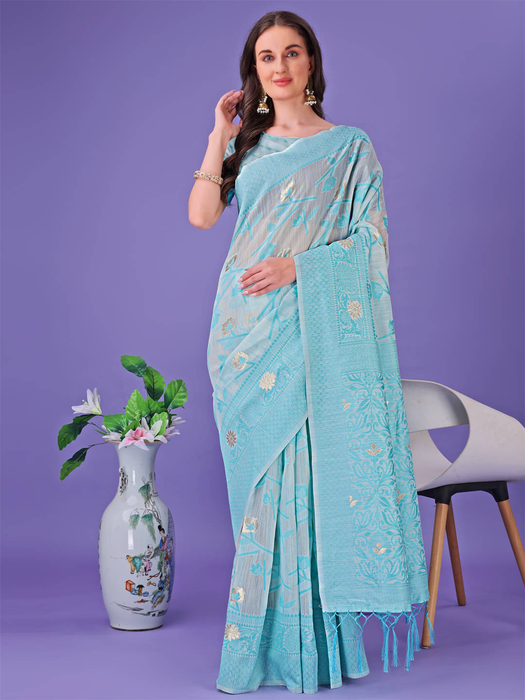     			Astita Linen Woven Saree With Unstitched Blouse Piece ( Sky Blue )
