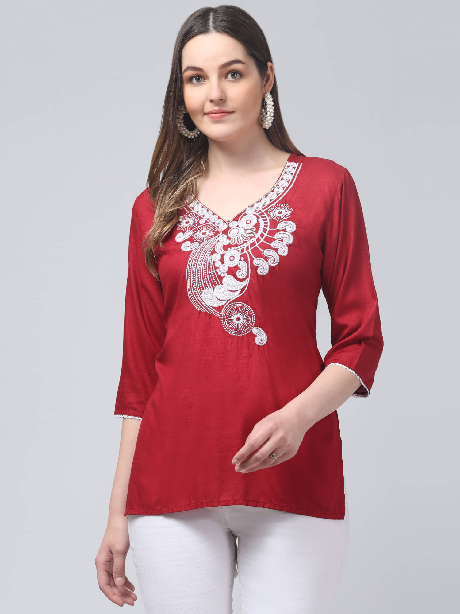 Aura Glam Women Rayon Embroidered A-line Kurti ( Maroon )     			Aura Glam Women Rayon Embroidered A-line Kurti ( Maroon )