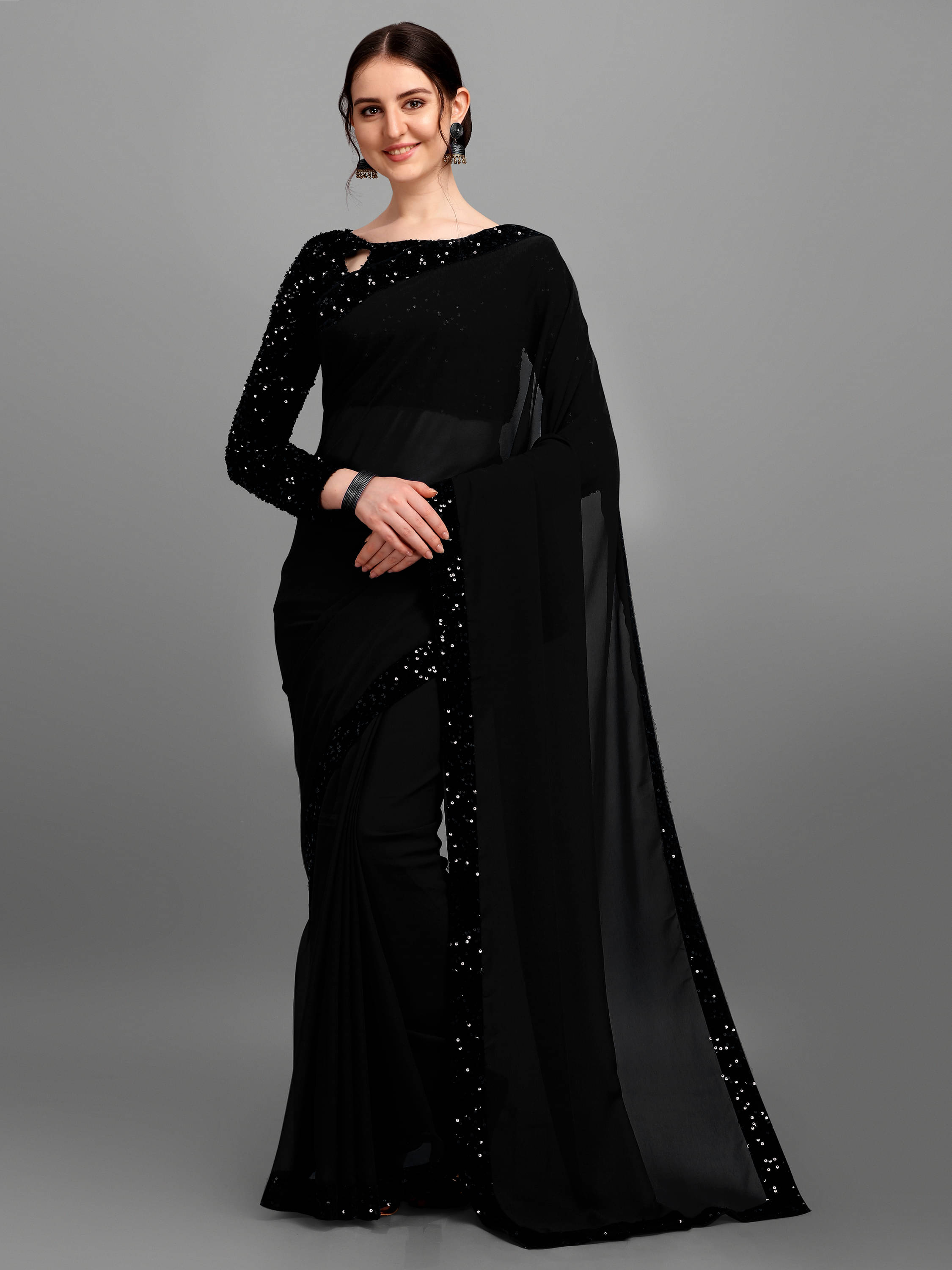     			Crissy Georgette Self Design Banarasi saree With Unstitched Blouse Piece ( Black )