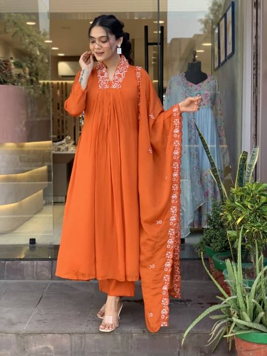 Crissy Women Chiffon Self Design Anarkali Kurti With Pants ( Orange ) Crissy Women Chiffon Self Design Anarkali Kurti With Pants ( Orange )