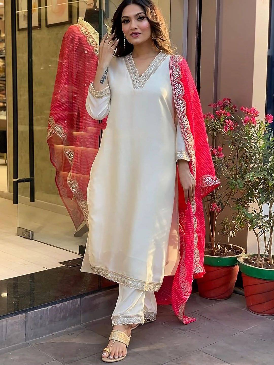 Crissy Women Silk Self Design A-line Kurti With Pants ( White ) Crissy Women Silk Self Design A-line Kurti With Pants ( White )