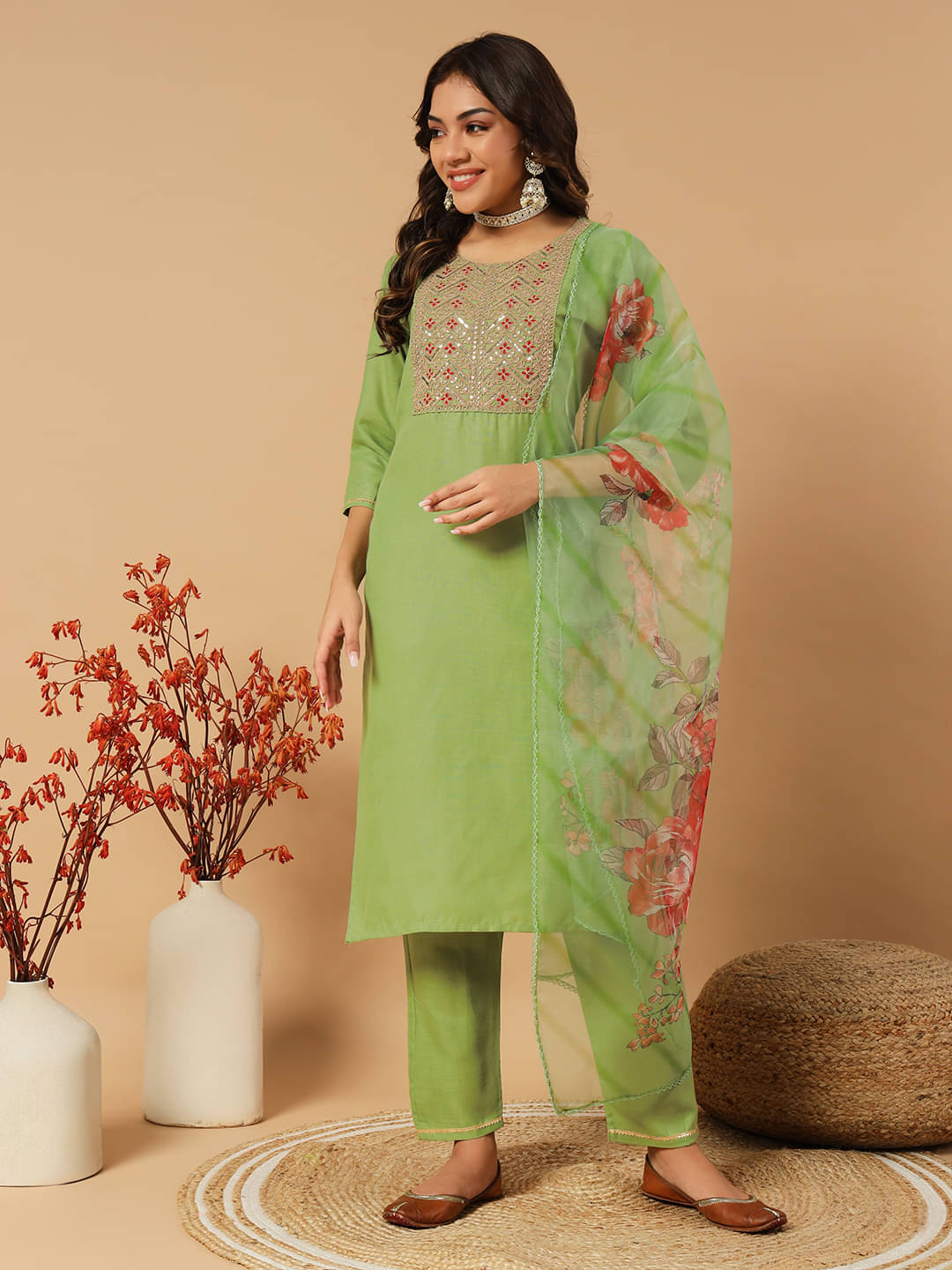     			Derifa Women Cotton Blend Embroidered A-line Kurti With Pants ( Light Green )