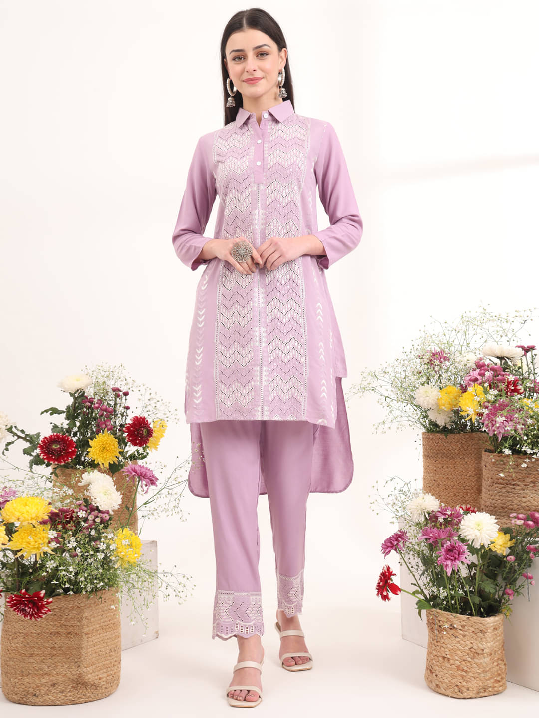 Derifa Women Rayon Applique High-Low Style Kurti With Pants ( Purple )     			Derifa Women Rayon Applique High-Low Style Kurti With Pants ( Purple )