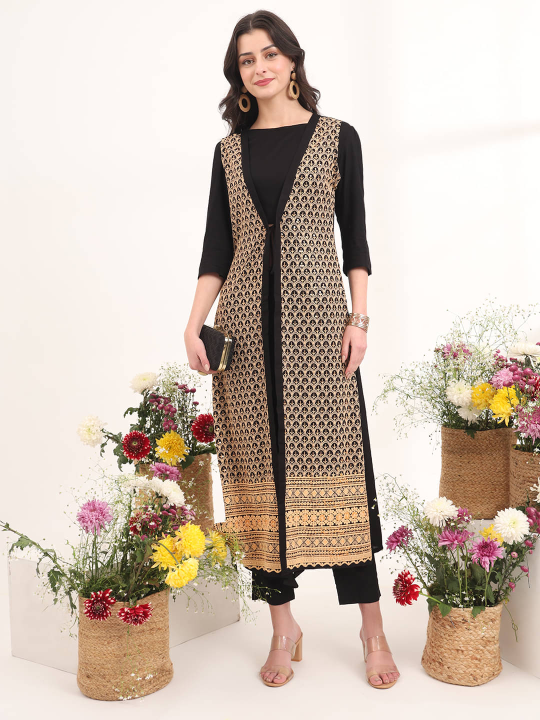     			Derifa Women Rayon Embroidered Jacket Style Kurti With Pants ( Black )