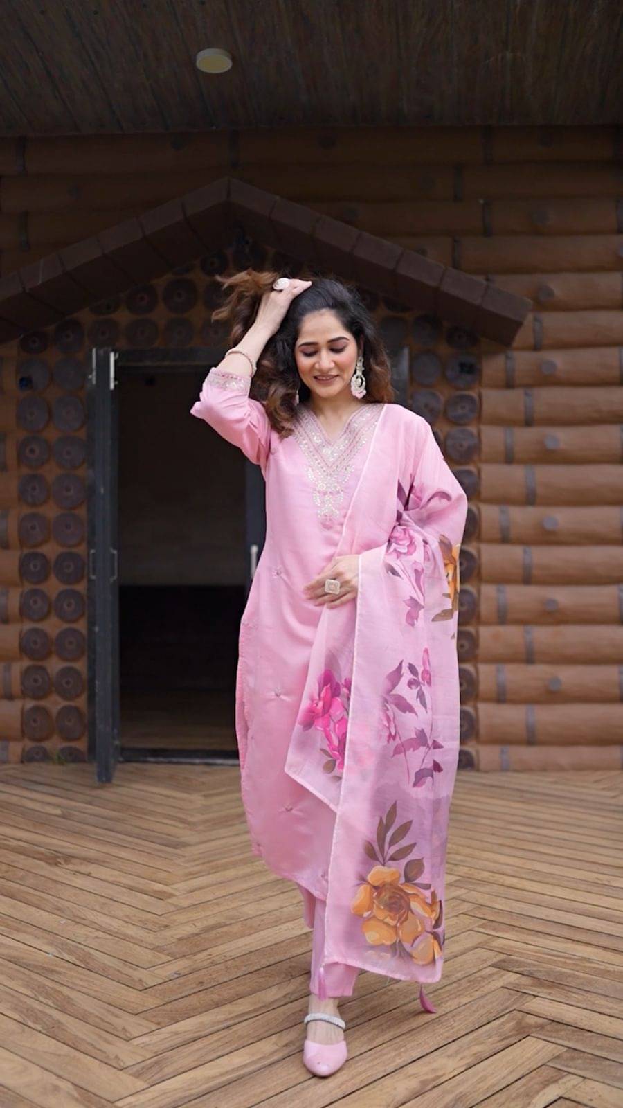     			Derifa Women Silk Blend Embroidered A-line Kurti With Pants ( Pink )
