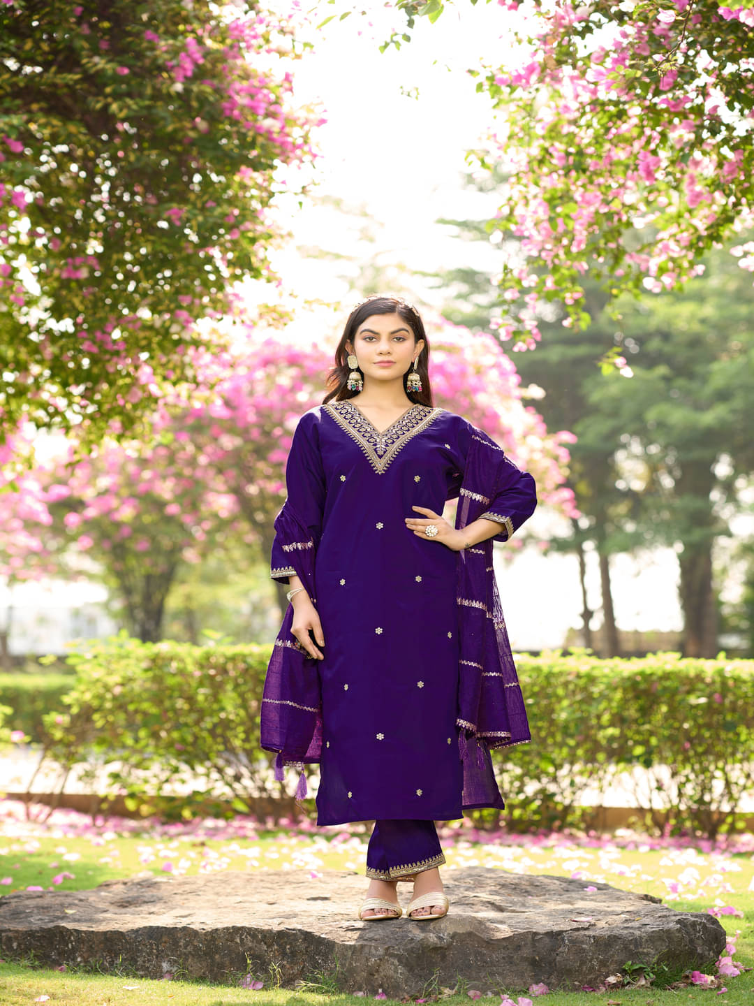     			Derifa Women Silk Blend Embroidered A-line Kurti With Harems Pants ( Dark Blue )