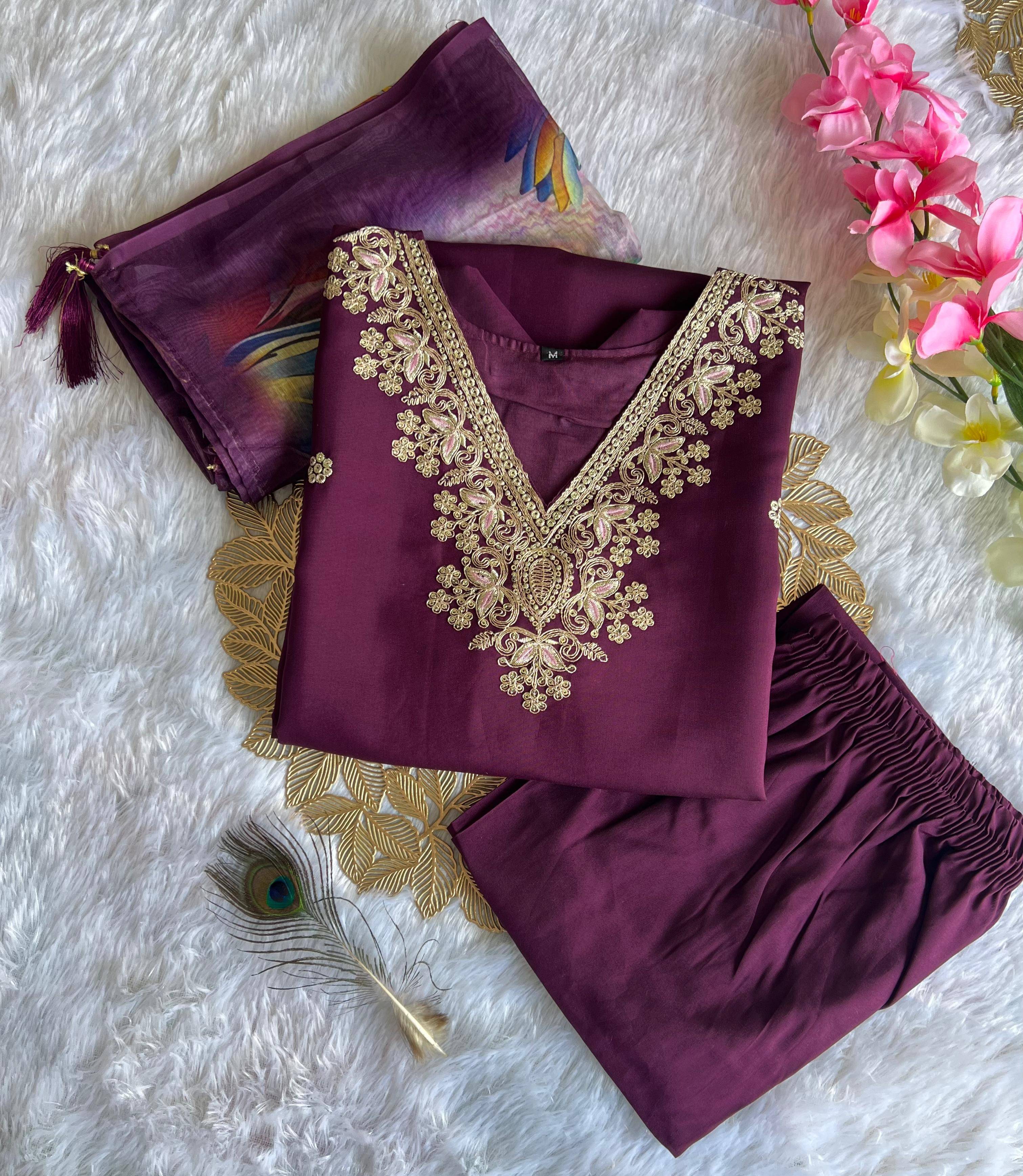 Derifa Women Silk Blend Embroidered A-line Kurti With Pants ( Wine ) Derifa Women Silk Blend Embroidered A-line Kurti With Pants ( Wine )