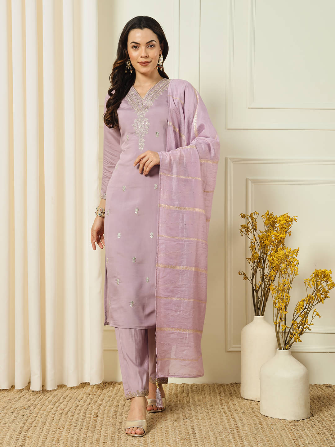 Derifa Women Silk Blend Embroidered A-line Kurti With Pants ( Lavender ) Derifa Women Silk Blend Embroidered A-line Kurti With Pants ( Lavender )