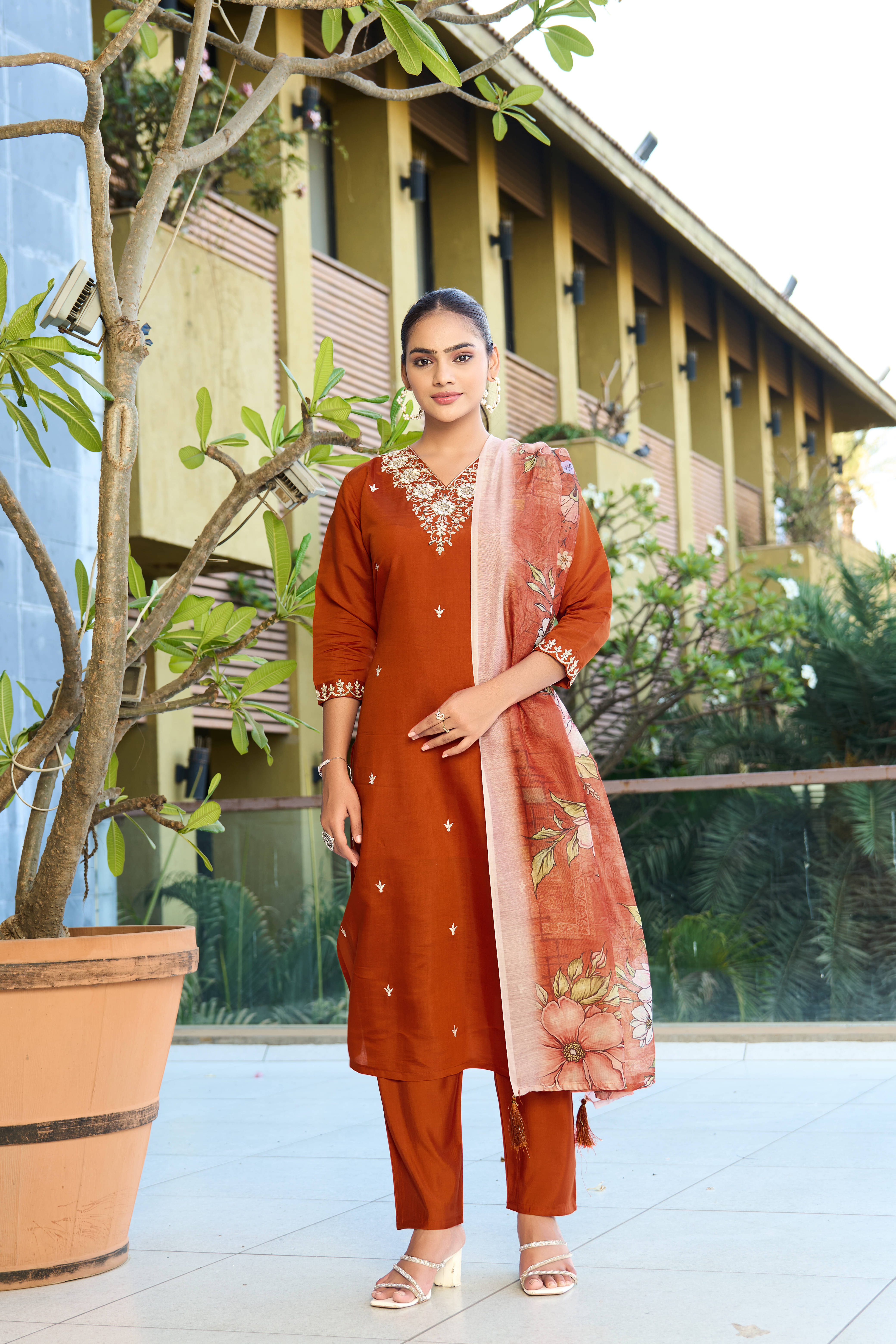 Derifa Women Silk Blend Embroidered A-line Kurti With Harems Pants ( Rust ) Derifa Women Silk Blend Embroidered A-line Kurti With Harems Pants ( Rust )