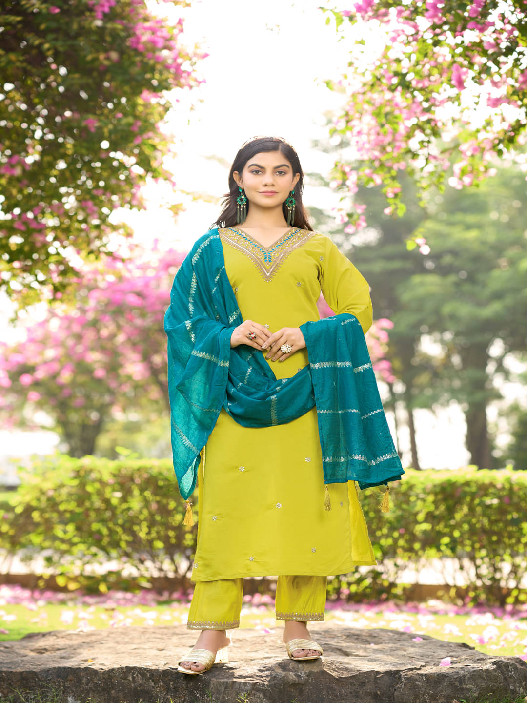 Derifa Women Silk Blend Embroidered A-line Kurti With Harems Pants ( Yellow ) Derifa Women Silk Blend Embroidered A-line Kurti With Harems Pants ( Yellow )