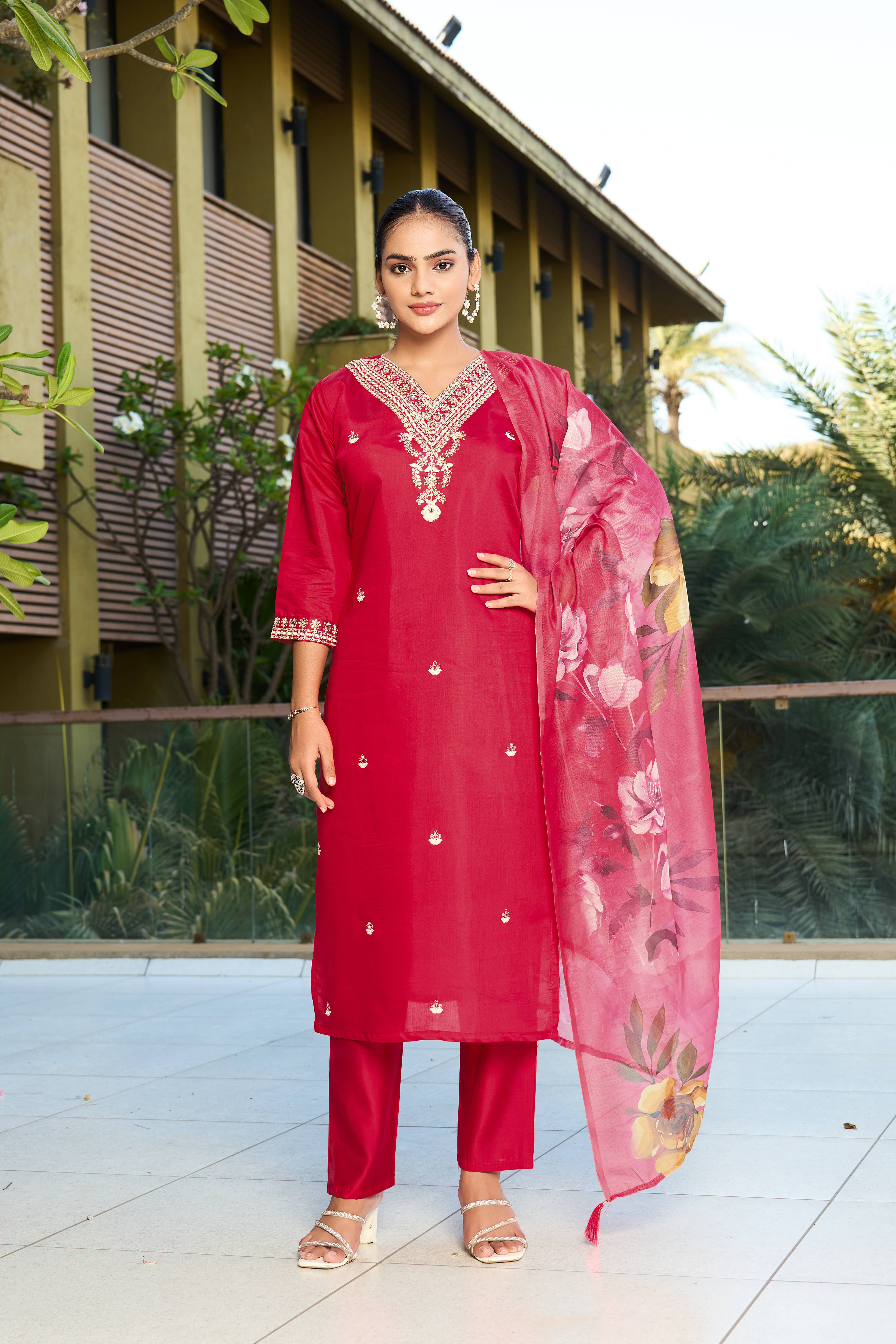 Derifa Women Silk Blend Embroidered A-line Kurti With Harems Pants ( Red ) Derifa Women Silk Blend Embroidered A-line Kurti With Harems Pants ( Red )