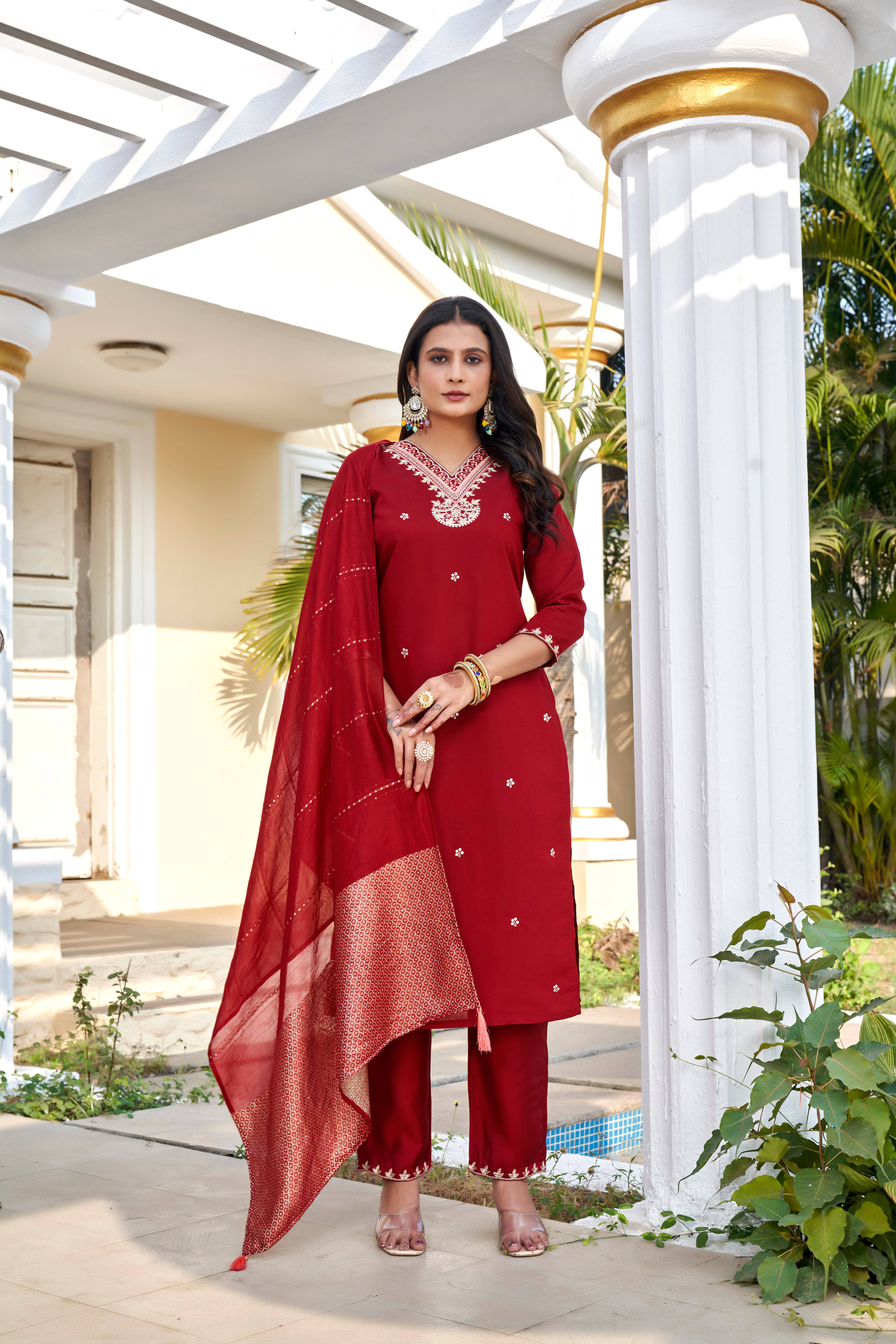 Derifa Women Silk Blend Embroidered A-line Kurti With Harems Pants ( Maroon ) Derifa Women Silk Blend Embroidered A-line Kurti With Harems Pants ( Maroon )