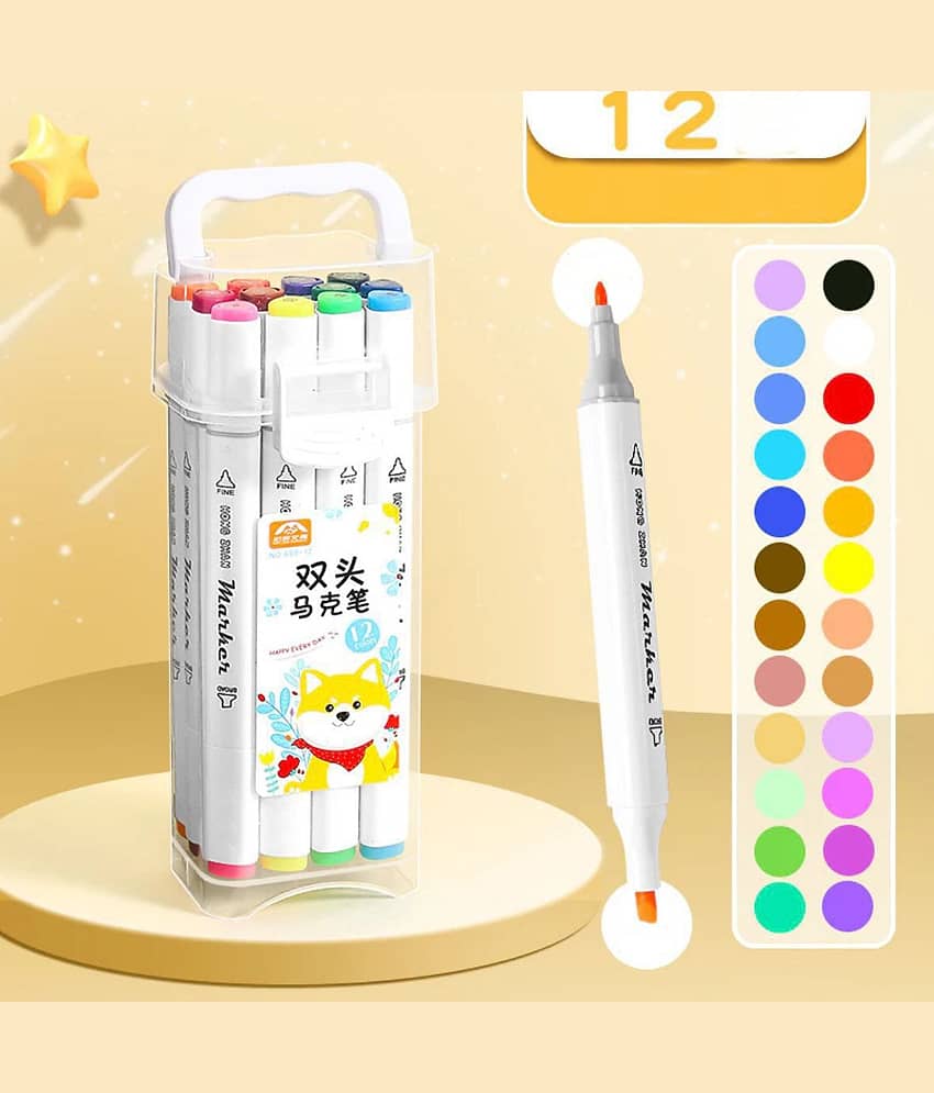Dual Tip Colorful Art 12 Markers Sketch Pens Colors with Carrying Case for Painting Sketching Drawing - Stationery | Buy online on ZillyBuy