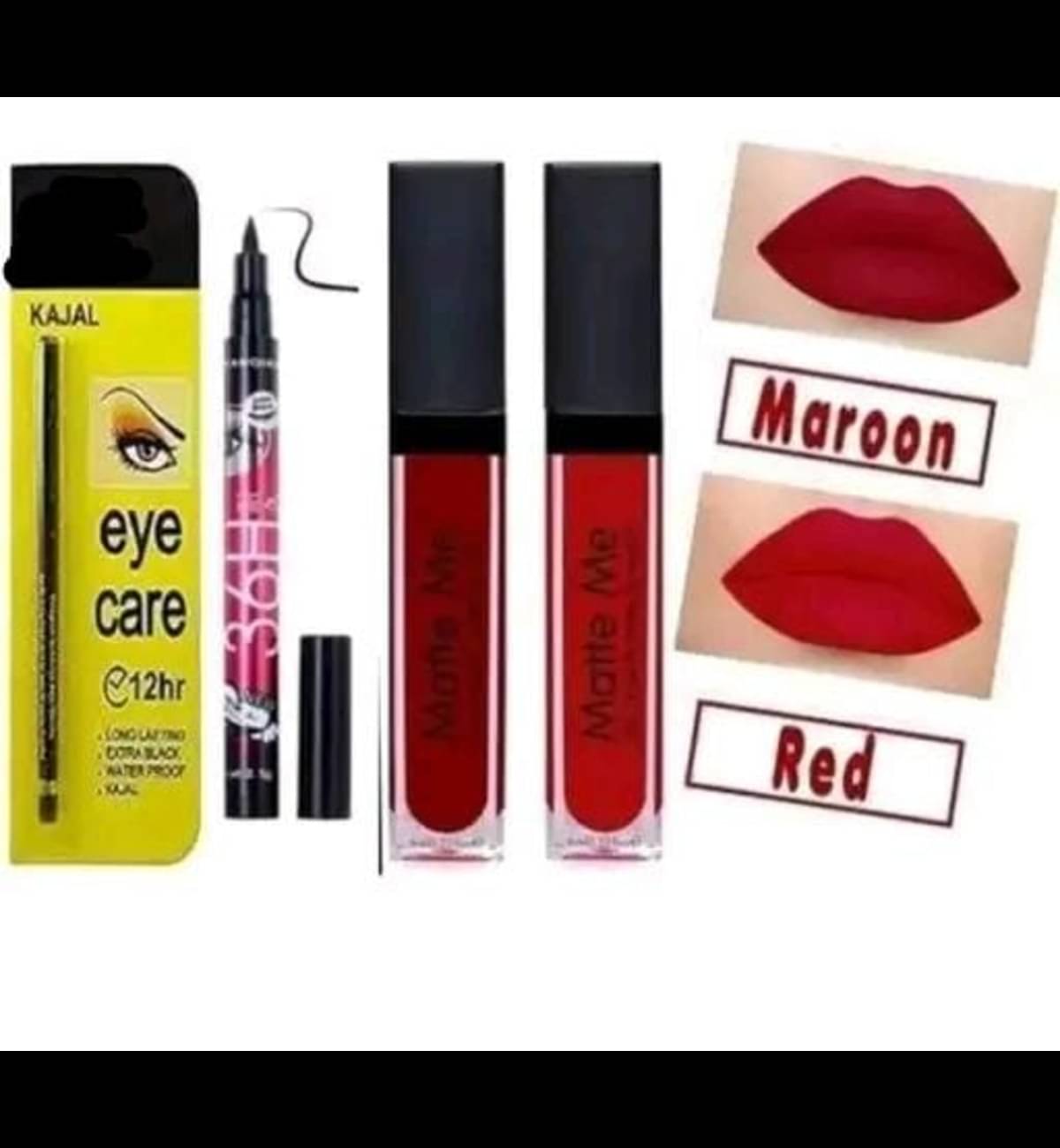     			Generic Waterproof Eyeliner + Kajal + Lipsticks Combo, Pack of 4)