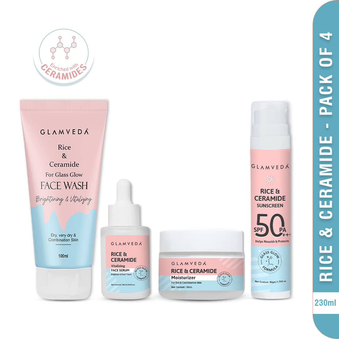 Glamveda Korean Glass Skin Rice & Ceramide Morning 4 Step Skincare Routine For Women with Gift Box | Face Wash, Serum, Moisturizer & Sunscreen