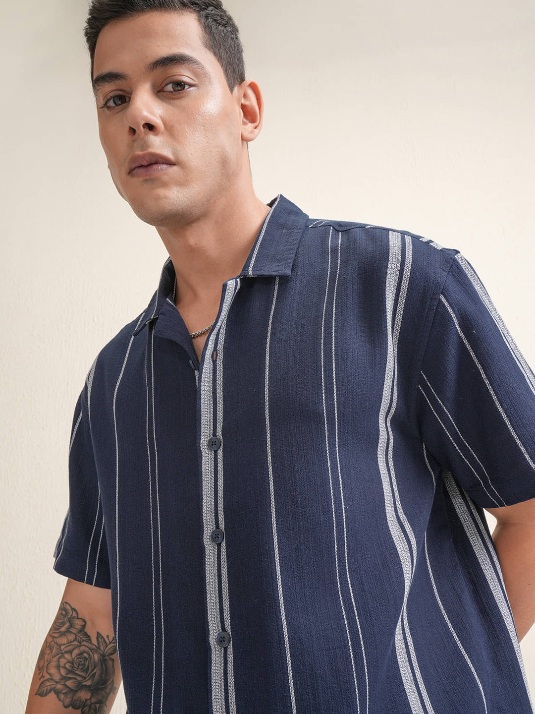 Locomotive 100% Cotton Relaxed Fit Striped Half Sleeves Men's Casual Shirt - Navy Blue ( Pack of 1 ) Locomotive 100% Cotton Relaxed Fit Striped Half Sleeves Men's Casual Shirt - Navy Blue ( Pack of 1 )