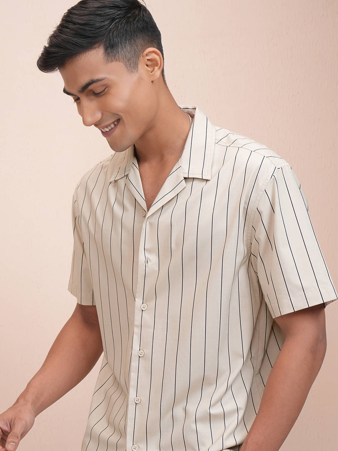     			Locomotive Cotton Blend Relaxed Fit Striped Half Sleeves Men's Casual Shirt - Beige ( Pack of 1 )
