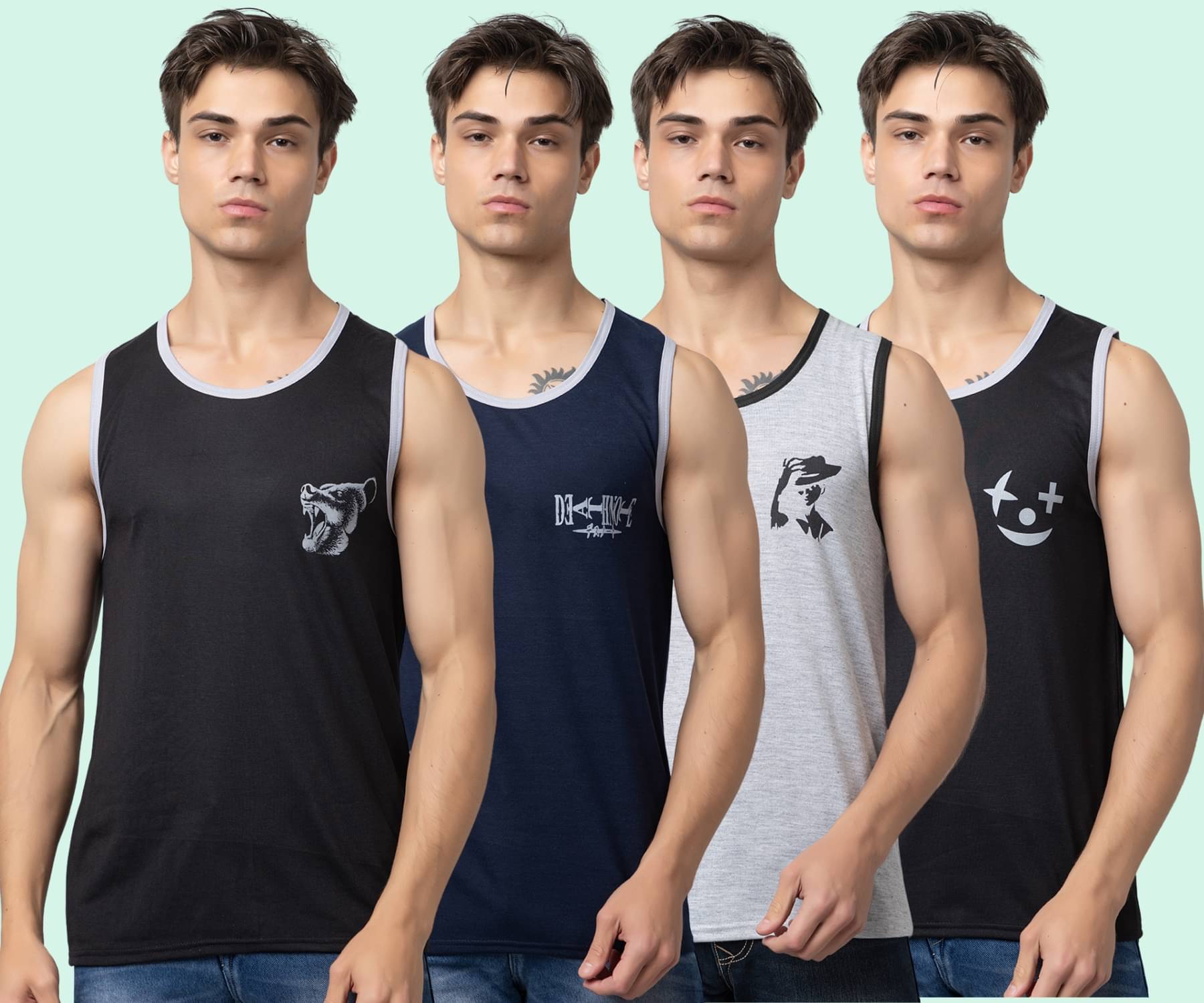     			Looks United Pack of 4 Cotton Gym Vest For Men ( Multi )