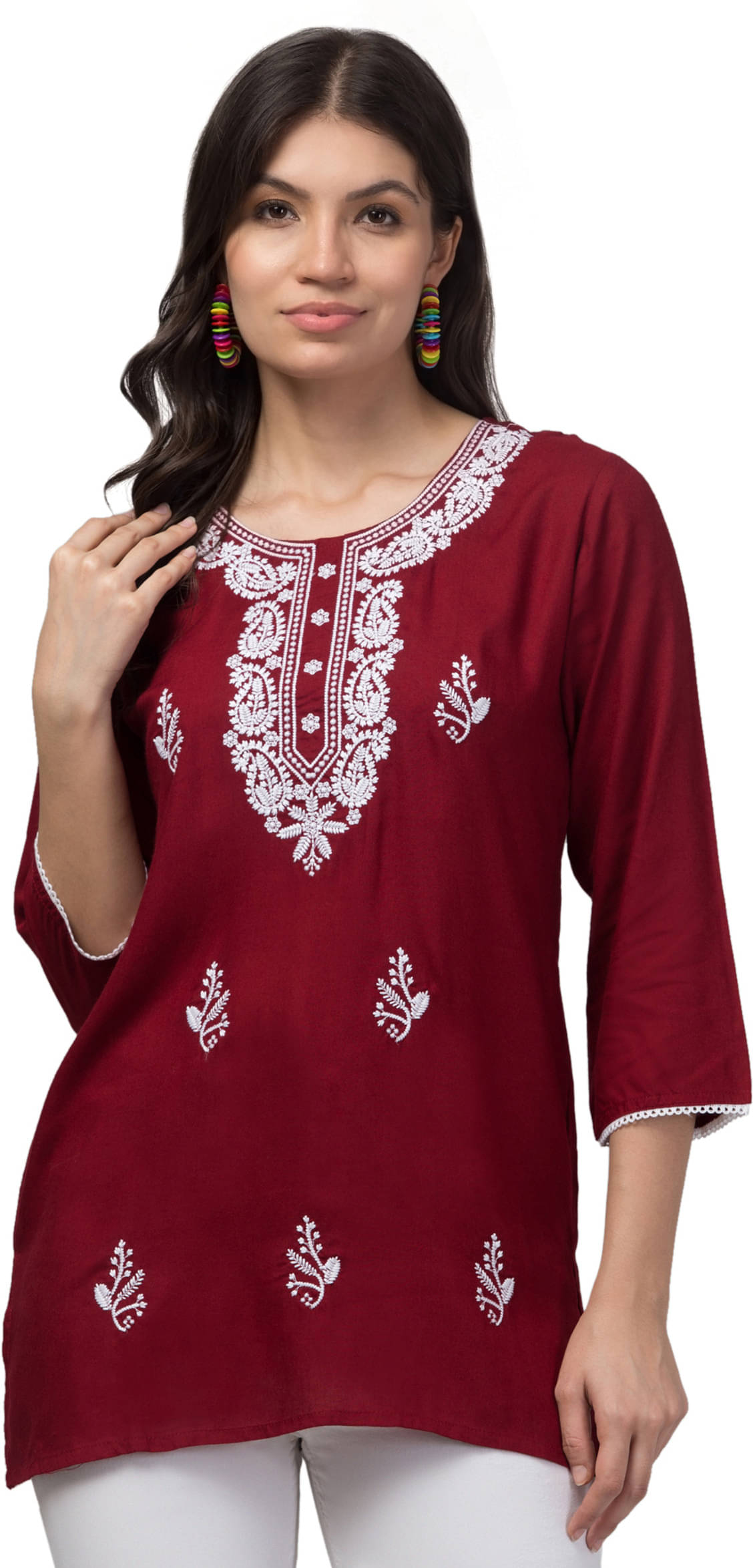 MEYARA Women Rayon Embroidered Straight Kurti ( Maroon ) MEYARA Women Rayon Embroidered Straight Kurti ( Maroon )