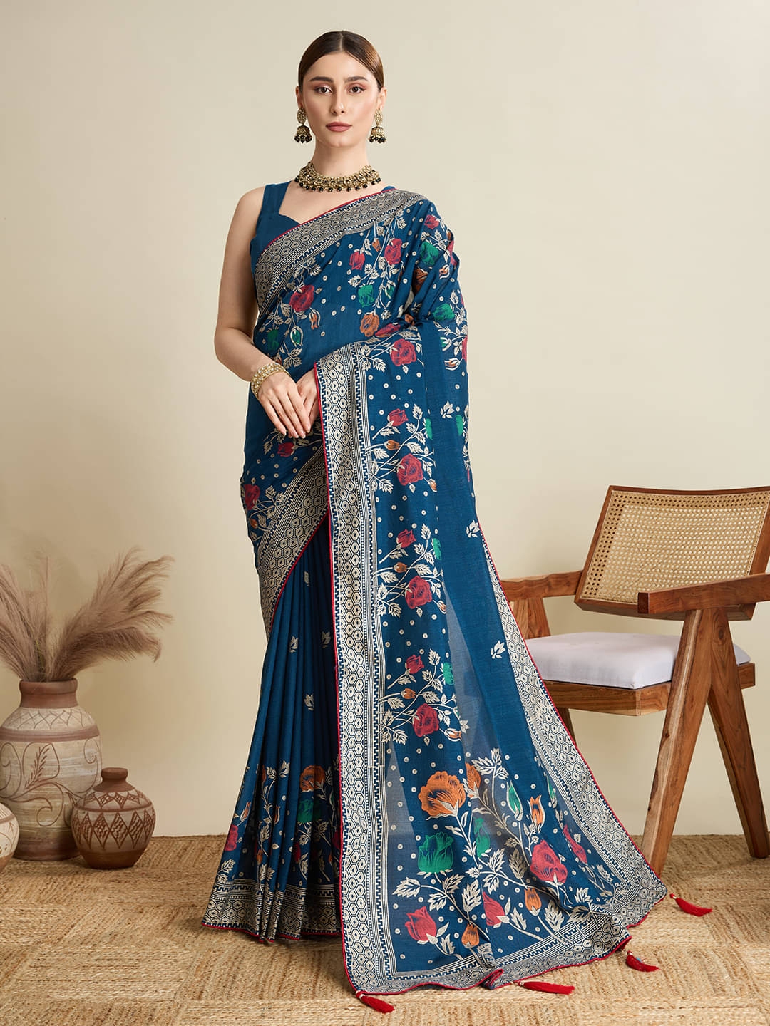    			Nayanthara Trends Cotton Silk Printed Saree With Unstitched Blouse Piece ( Blue )